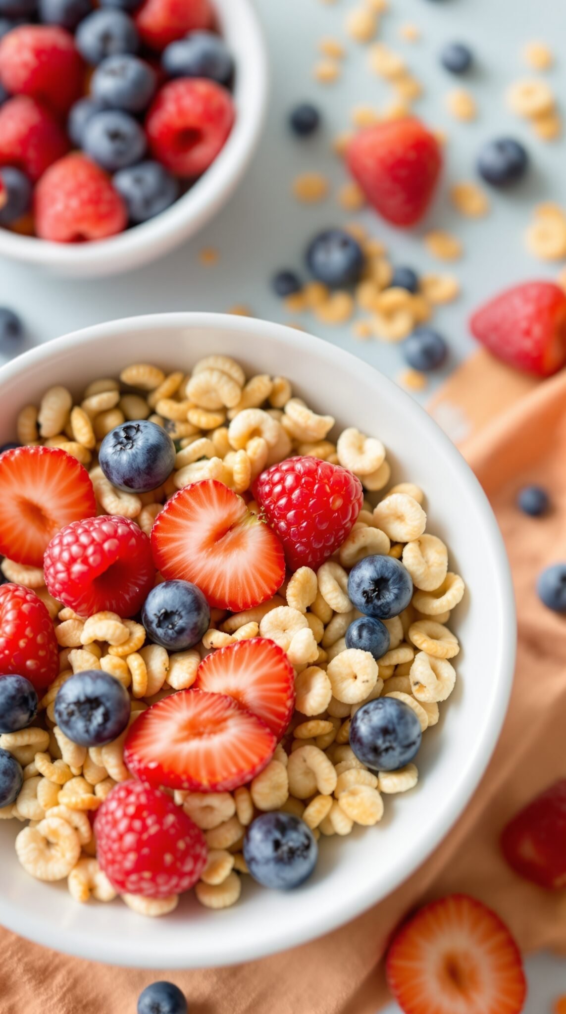 A bowl of cereal with strawberries, blueberries, and raspberries on a soft background.