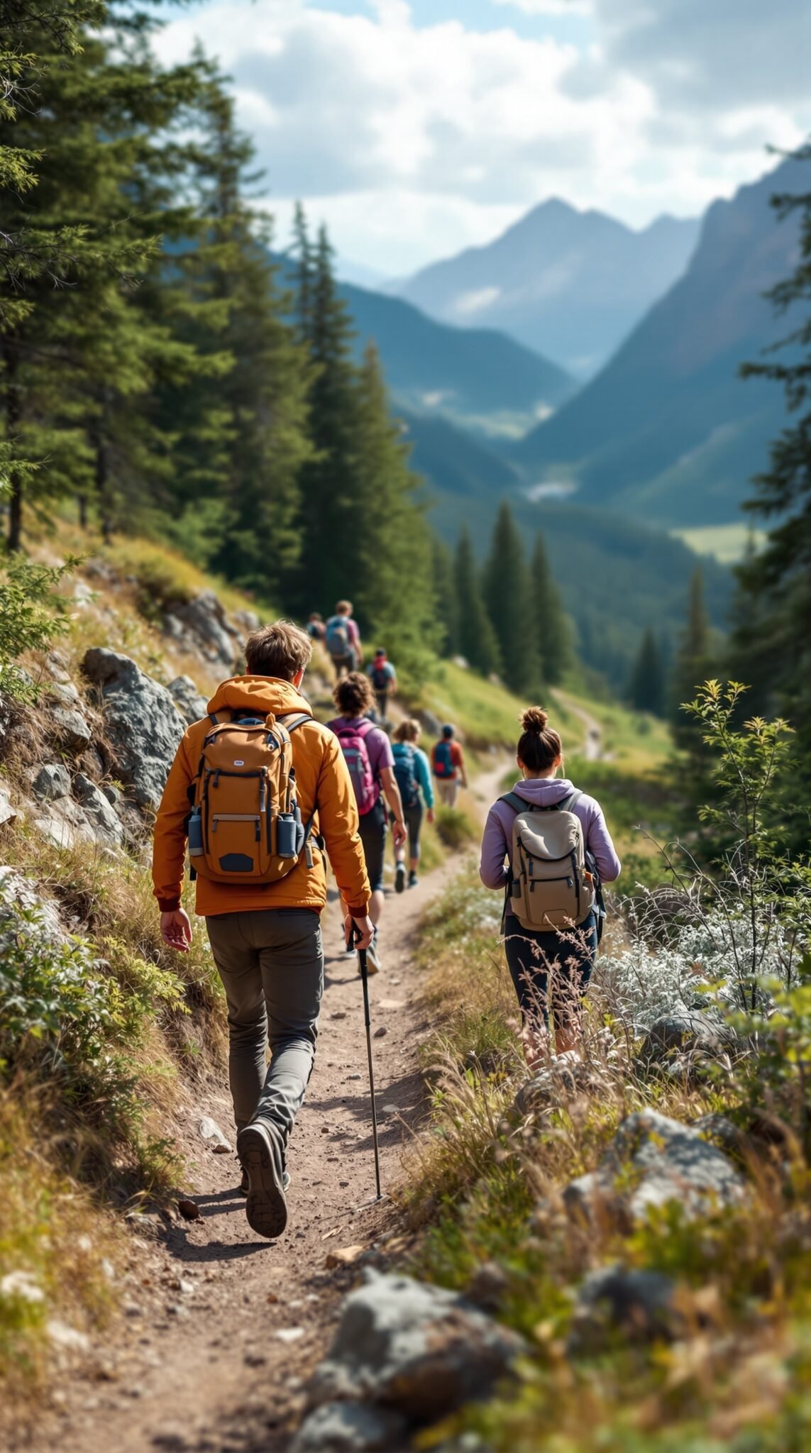 A group of people hiking in a lush green landscape surrounded by trees and mountains.