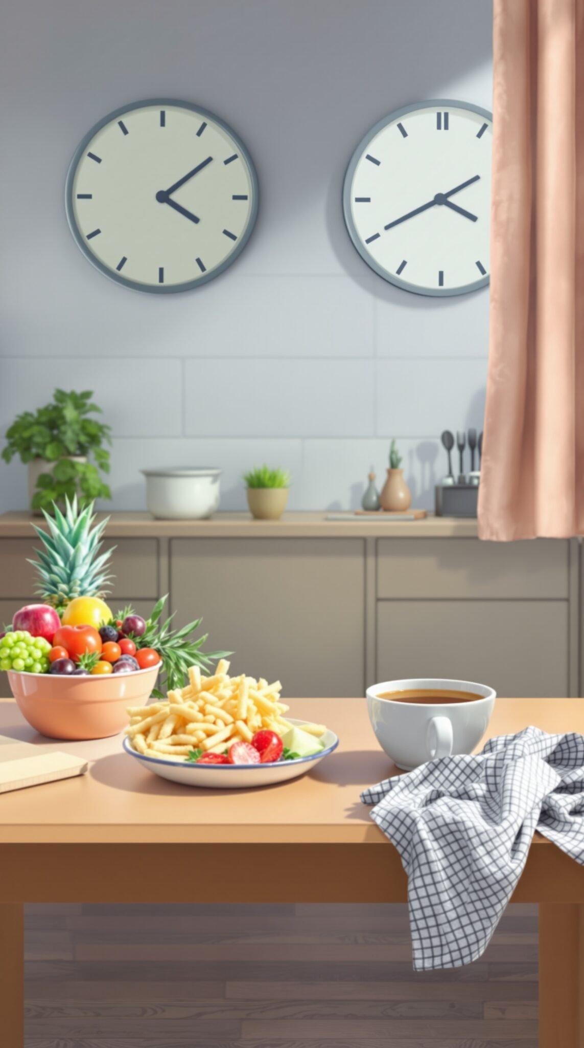 A cozy kitchen setting with a bowl of colorful fruits, a plate of fries, and a steaming cup of coffee on a table.
