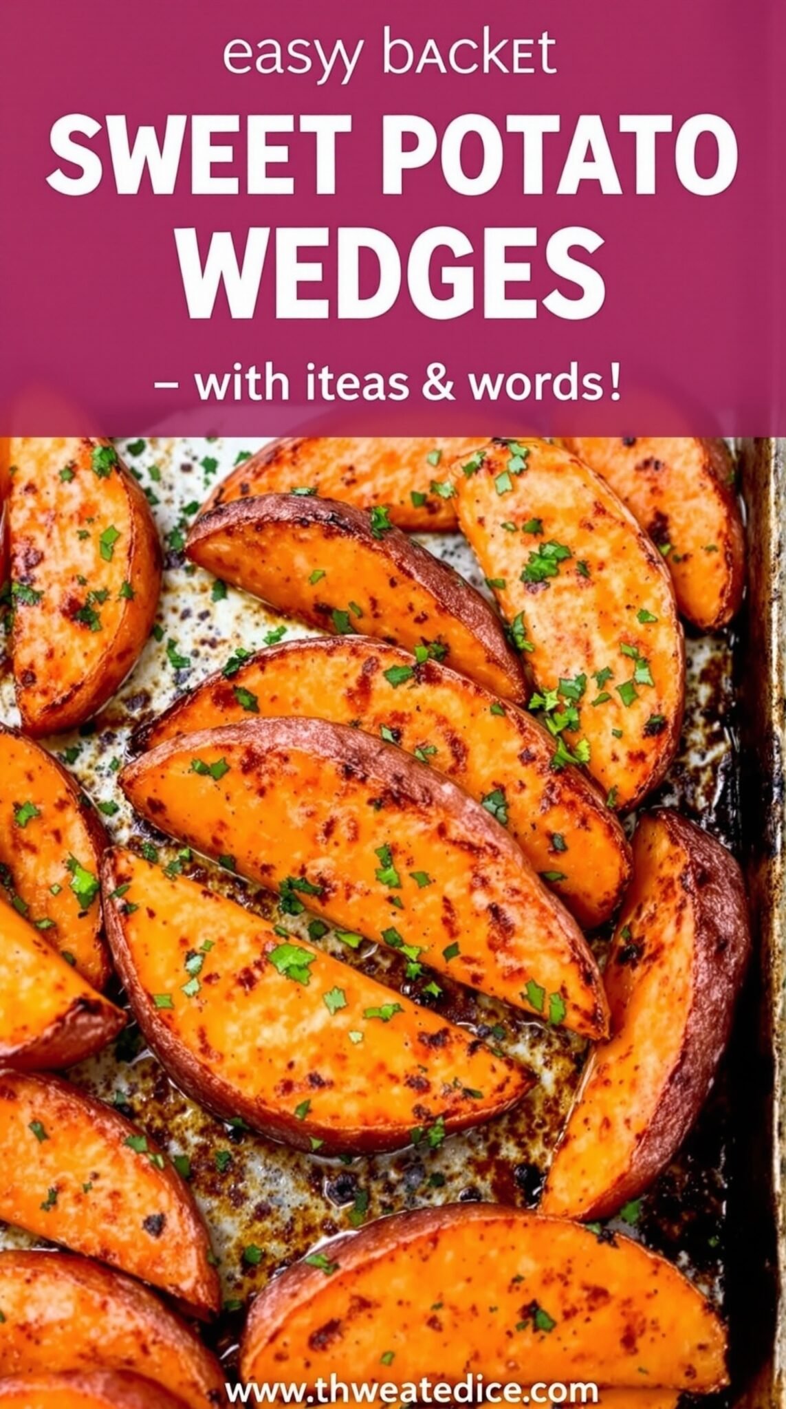Plate of crispy roasted sweet potato wedges garnished with herbs.