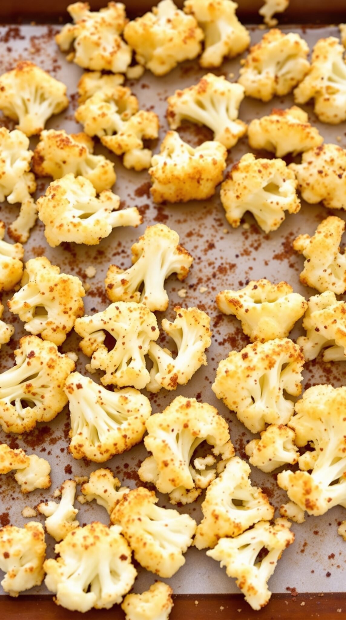 An image of oven-baked cauliflower florets seasoned and roasted to a golden brown on a baking sheet