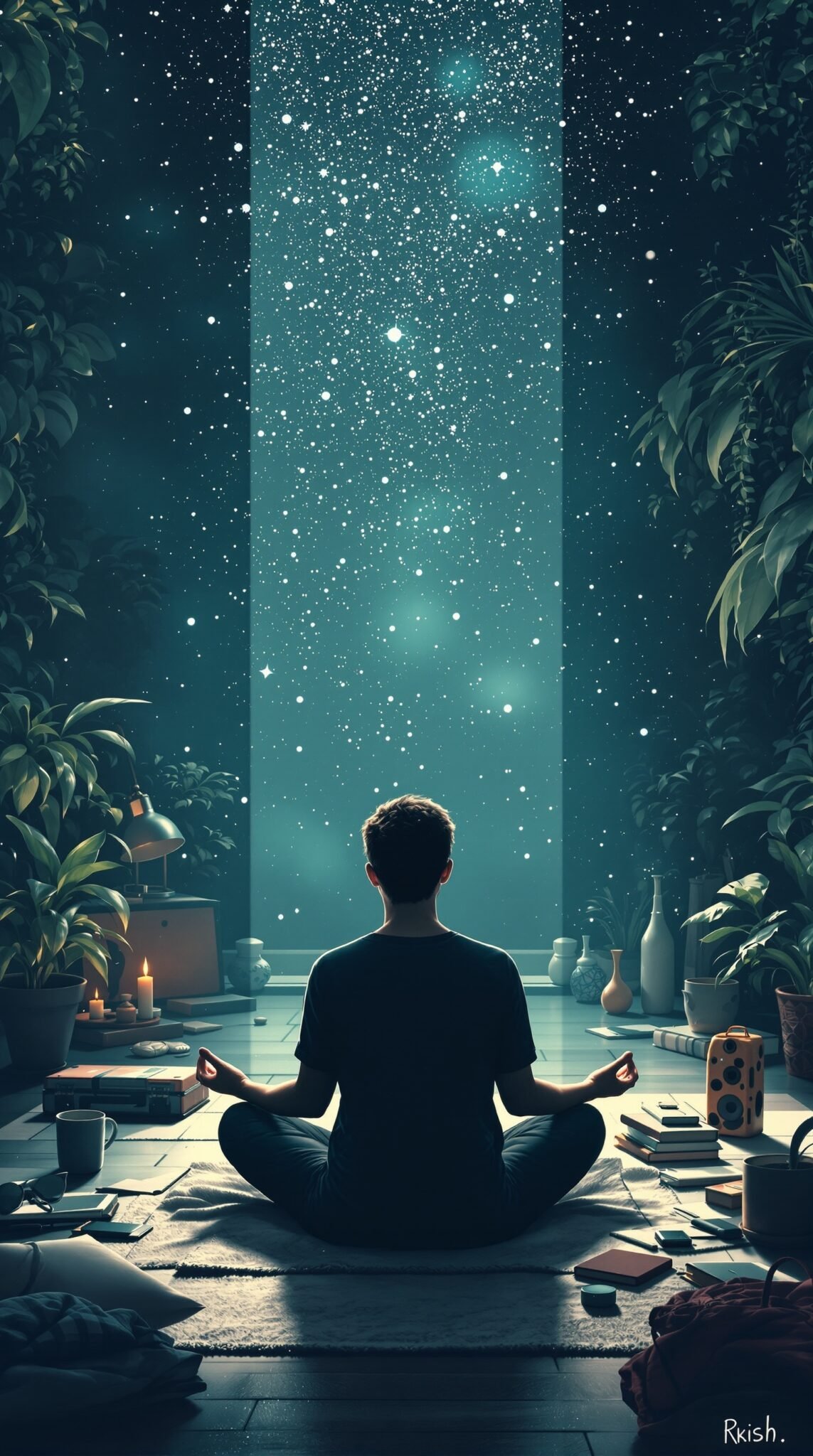 A person meditating in a serene environment with plants and a starry background.
