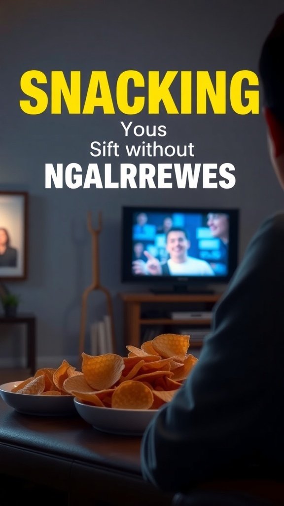 Person watching TV with bowls of chips, showing mindless snacking.