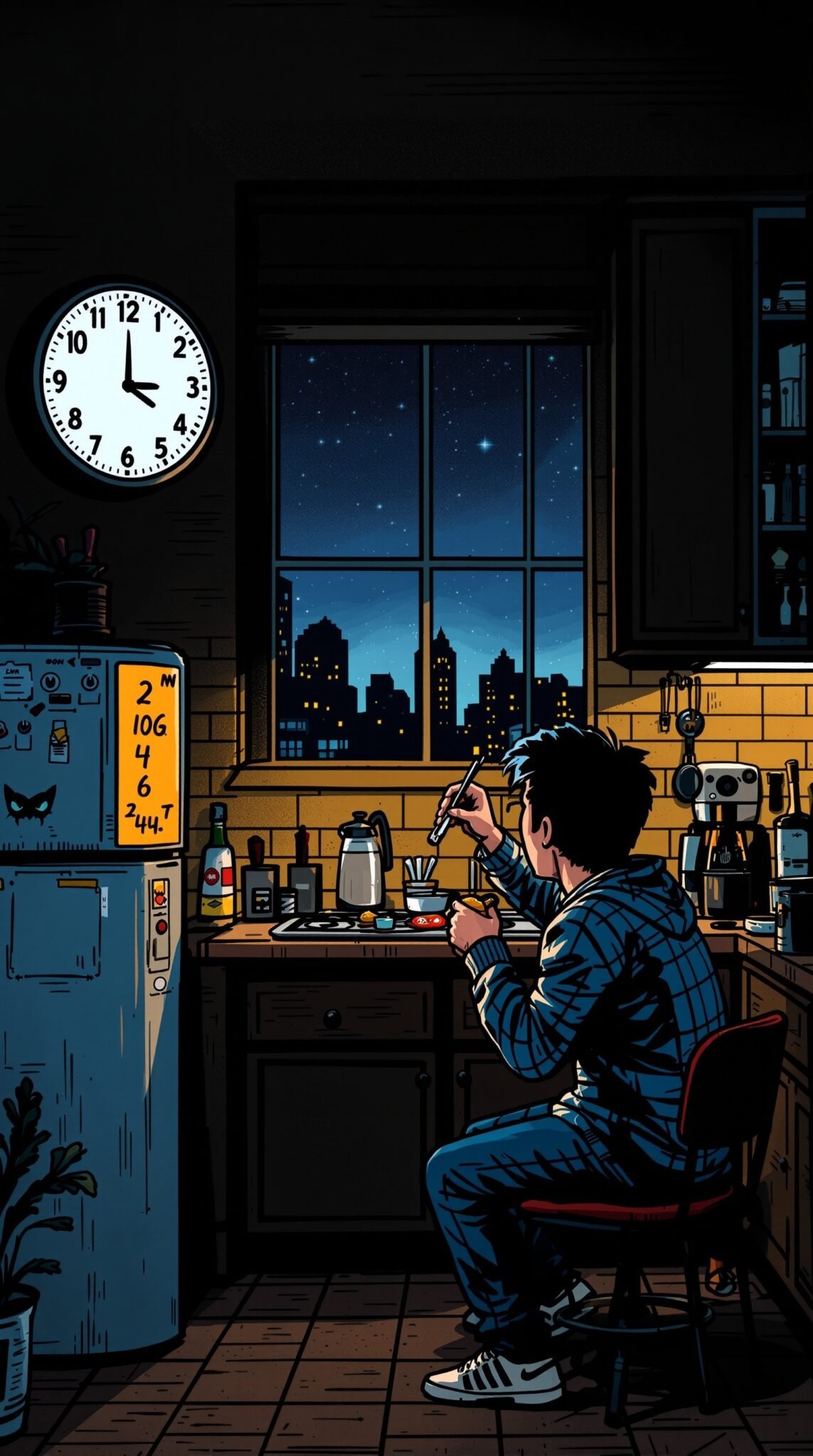 A person eating in a dimly lit kitchen at night, with a clock showing it's late.