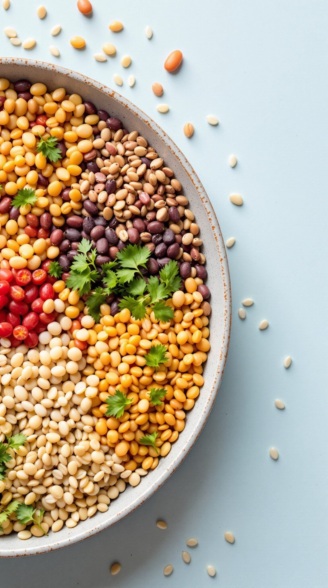 A variety of colorful beans and lentils in a bowl with herbs, highlighting fiber-rich foods.