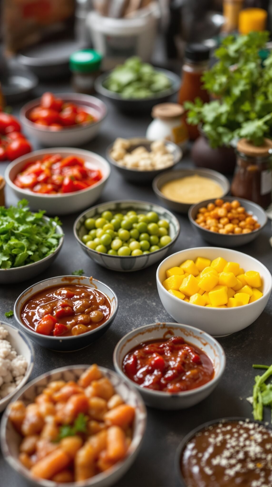 An array of colorful and tempting condiments and toppings in various bowls on a kitchen counter.