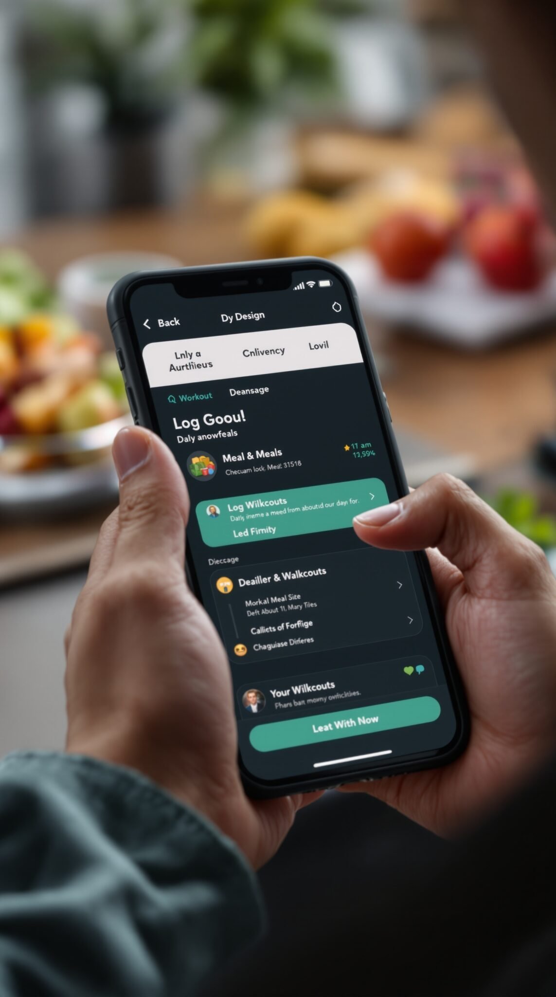A person using a meal and workout tracking app on their smartphone, with a colorful, healthy meal in the background.