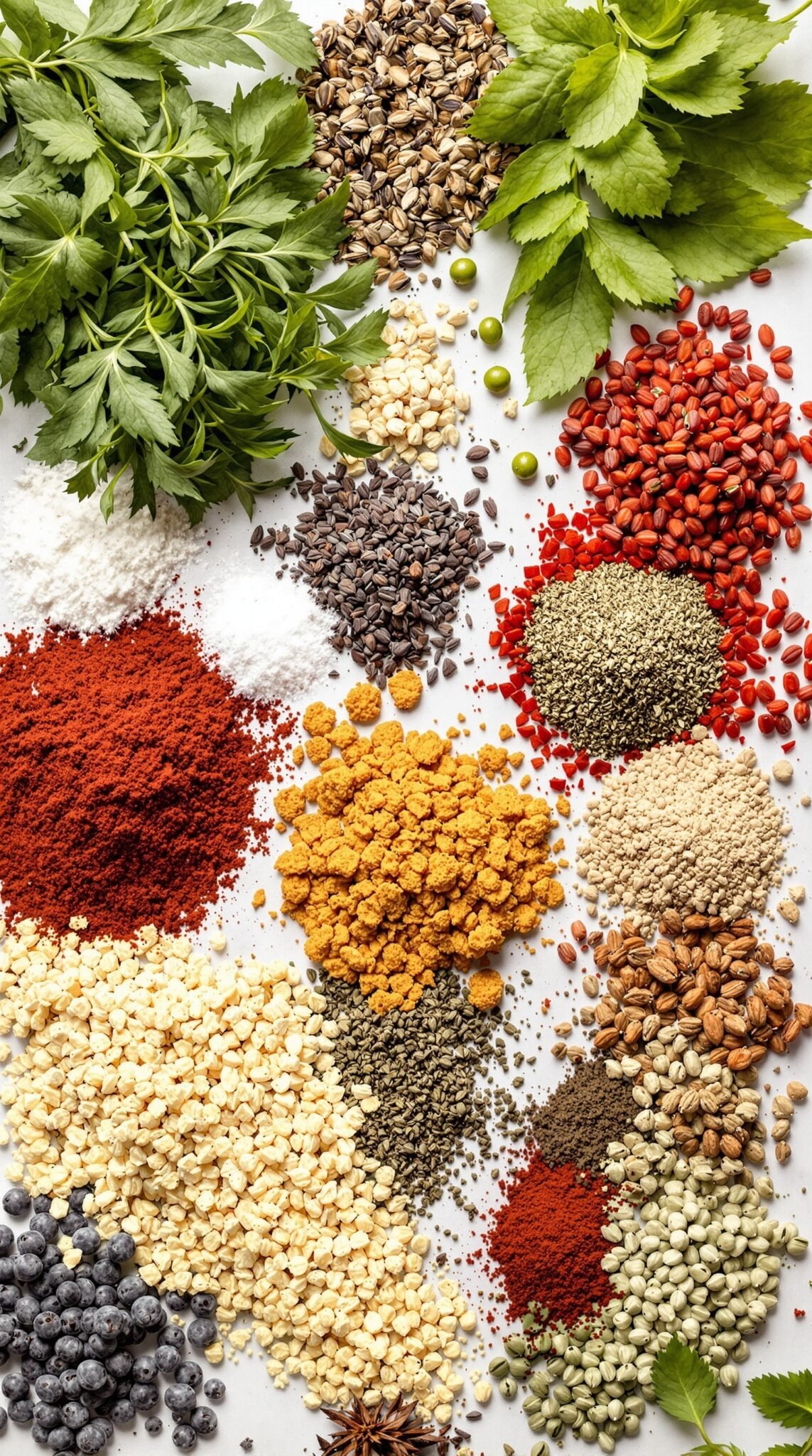 An assortment of colorful herbs and spices displayed on a white background.