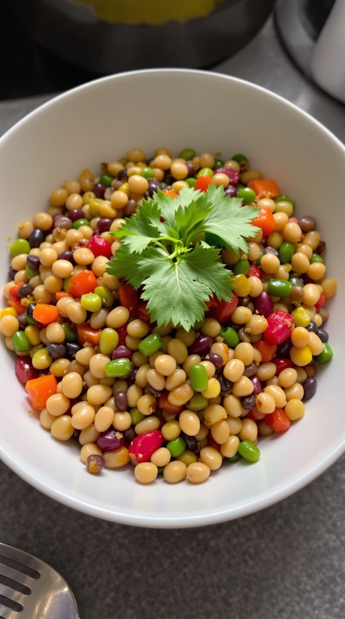 A colorful bowl of mixed legumes and chopped vegetables garnished with cilantro.