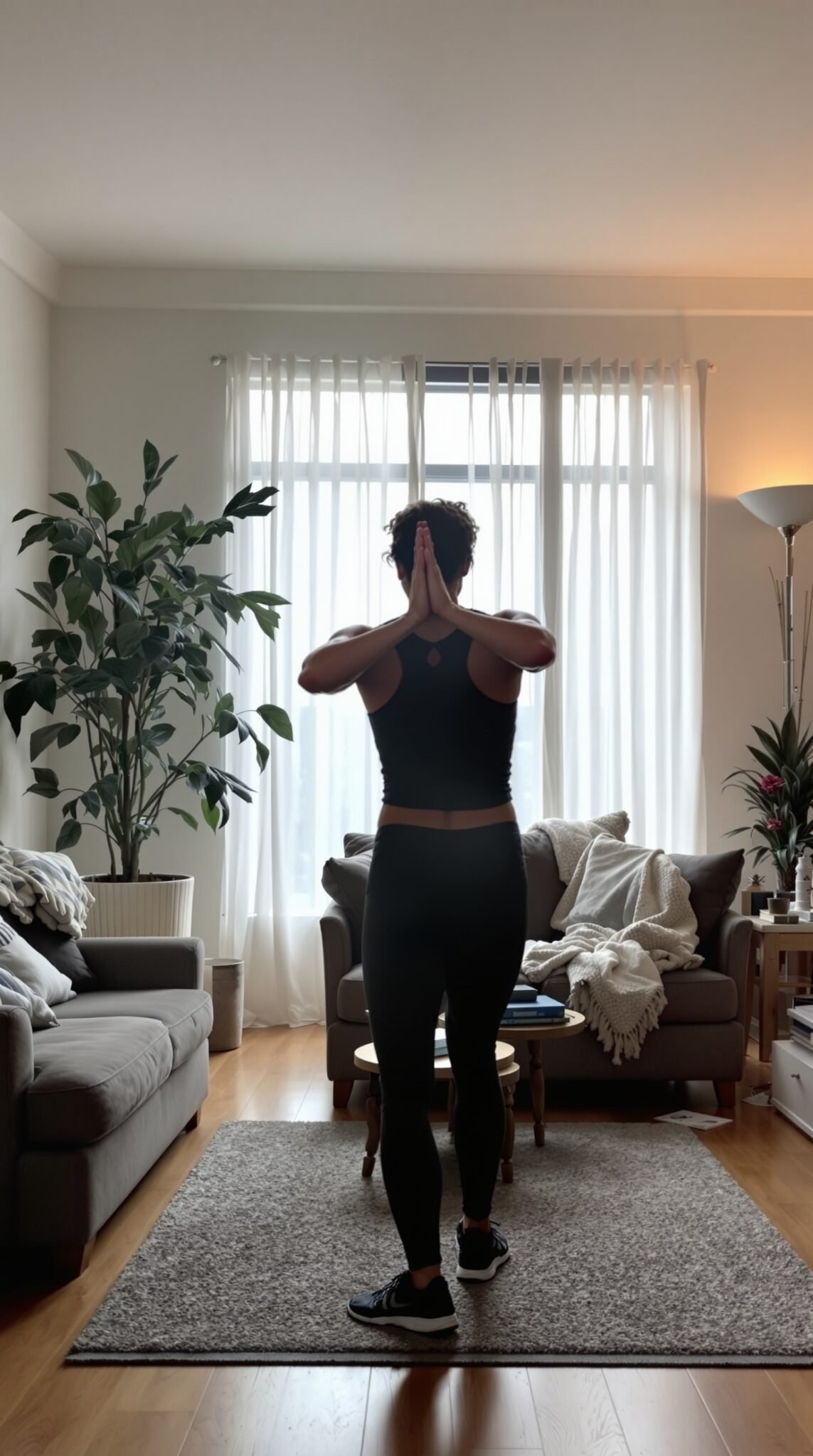 Person performing a workout in a cozy living room surrounded by plants.