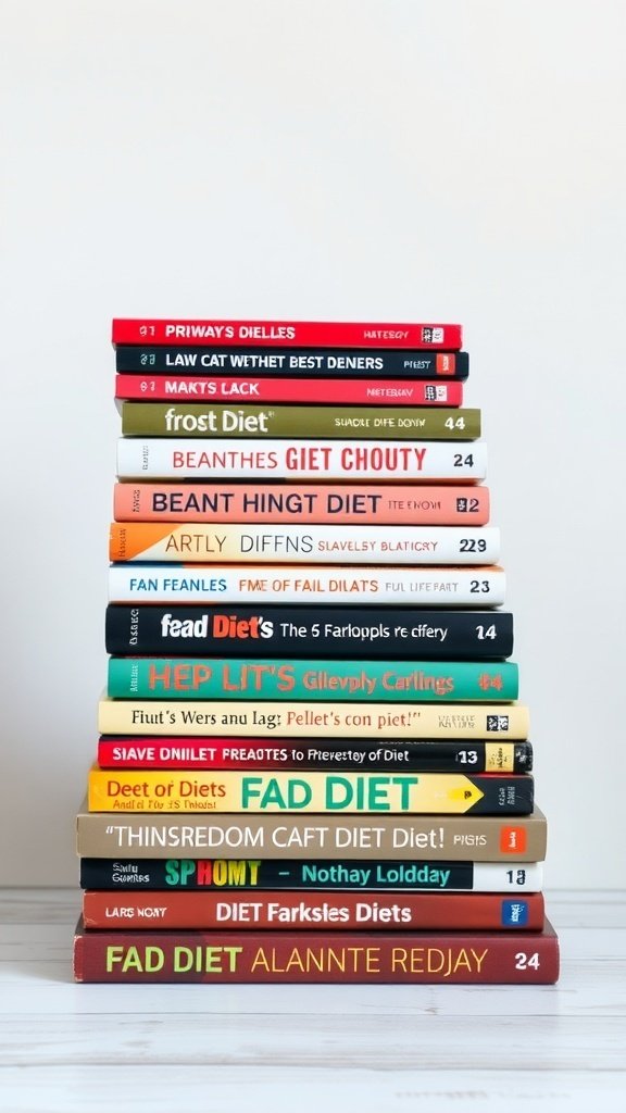 A stack of colorful diet books representing various fad diets.