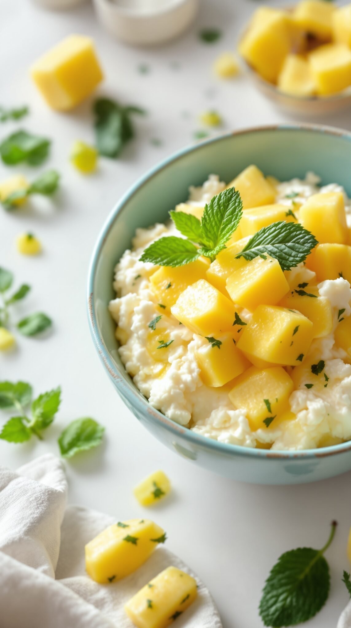 A bowl of cottage cheese topped with pineapple chunks and mint leaves, set against a white background.