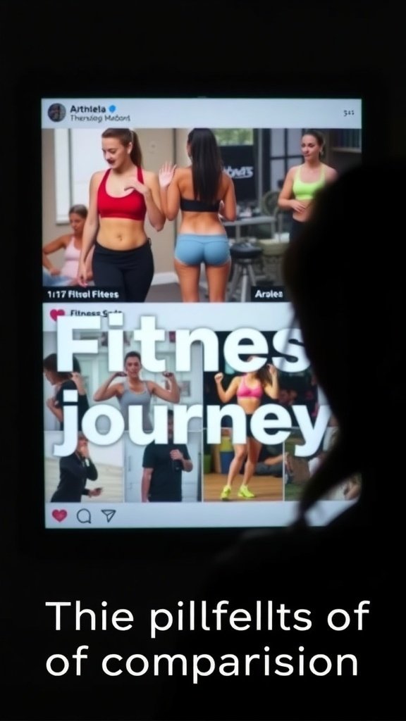 An individual gazing at a social media post featuring fitness models and quotes related to comparison in fitness journeys.