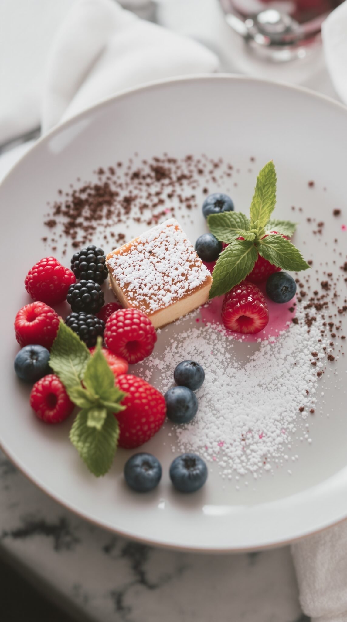 A gourmet dessert presentation with a square of creamy dessert surrounded by fresh berries and mint leaves on a white plate.