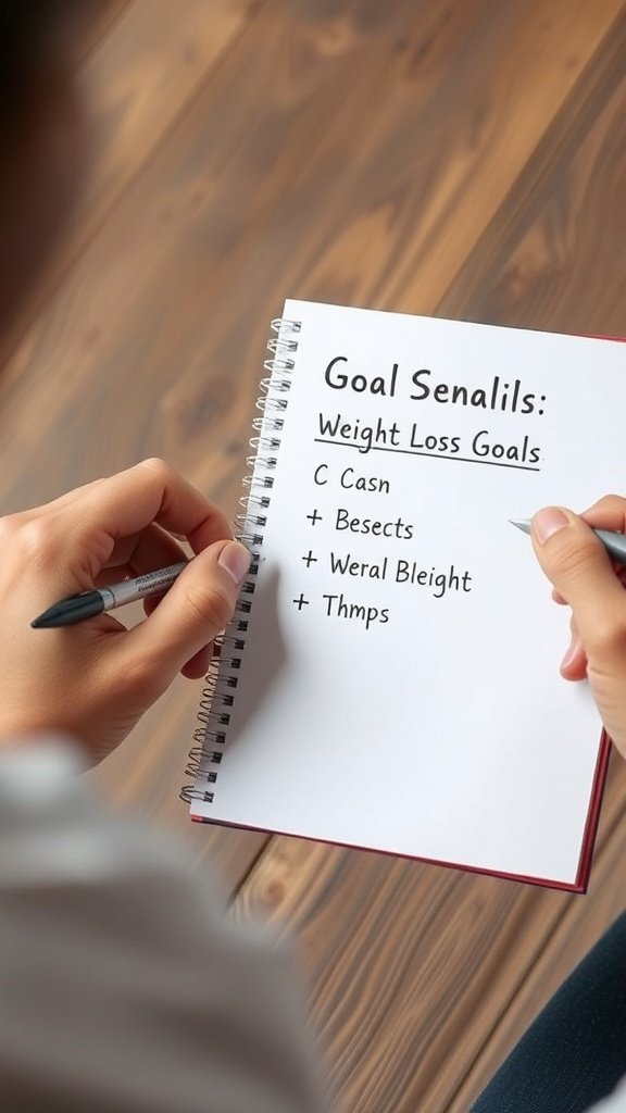 A person writing down their weight loss goals in a notebook