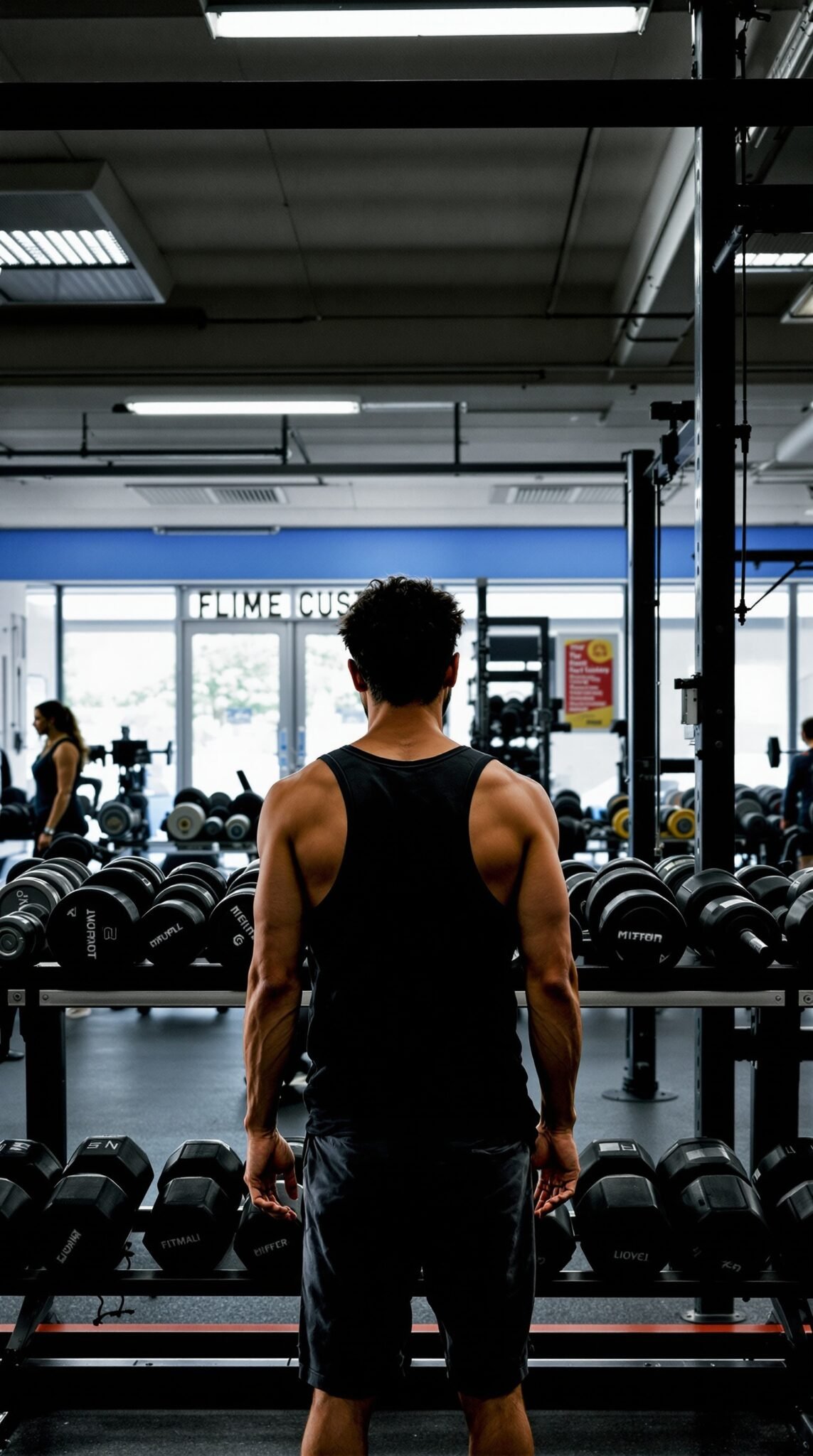 A person facing a rack of weights at a gym, considering strength training options.