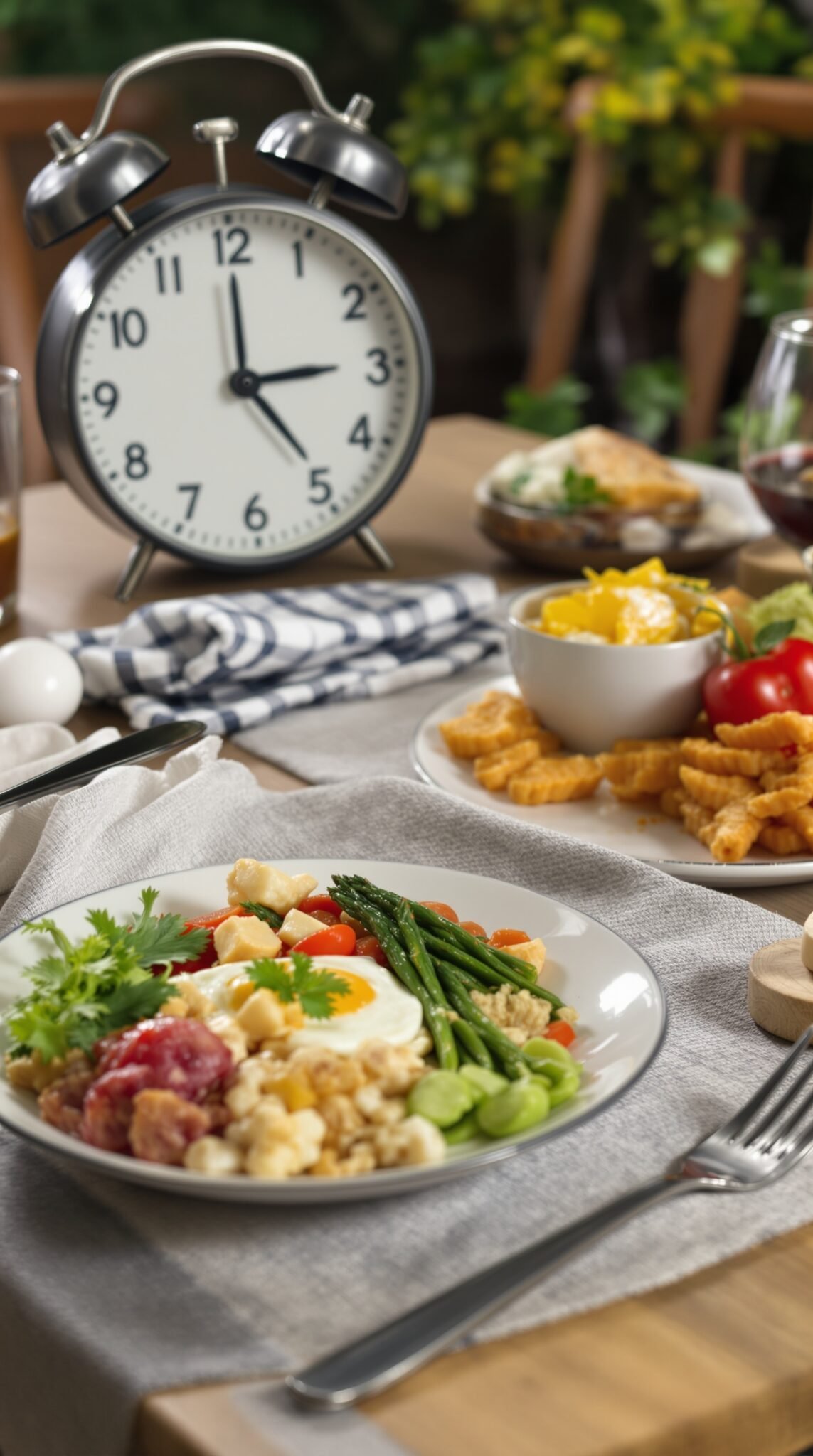A well-plated meal with an alarm clock emphasizing the importance of regular meal timing for healthy blood sugar.