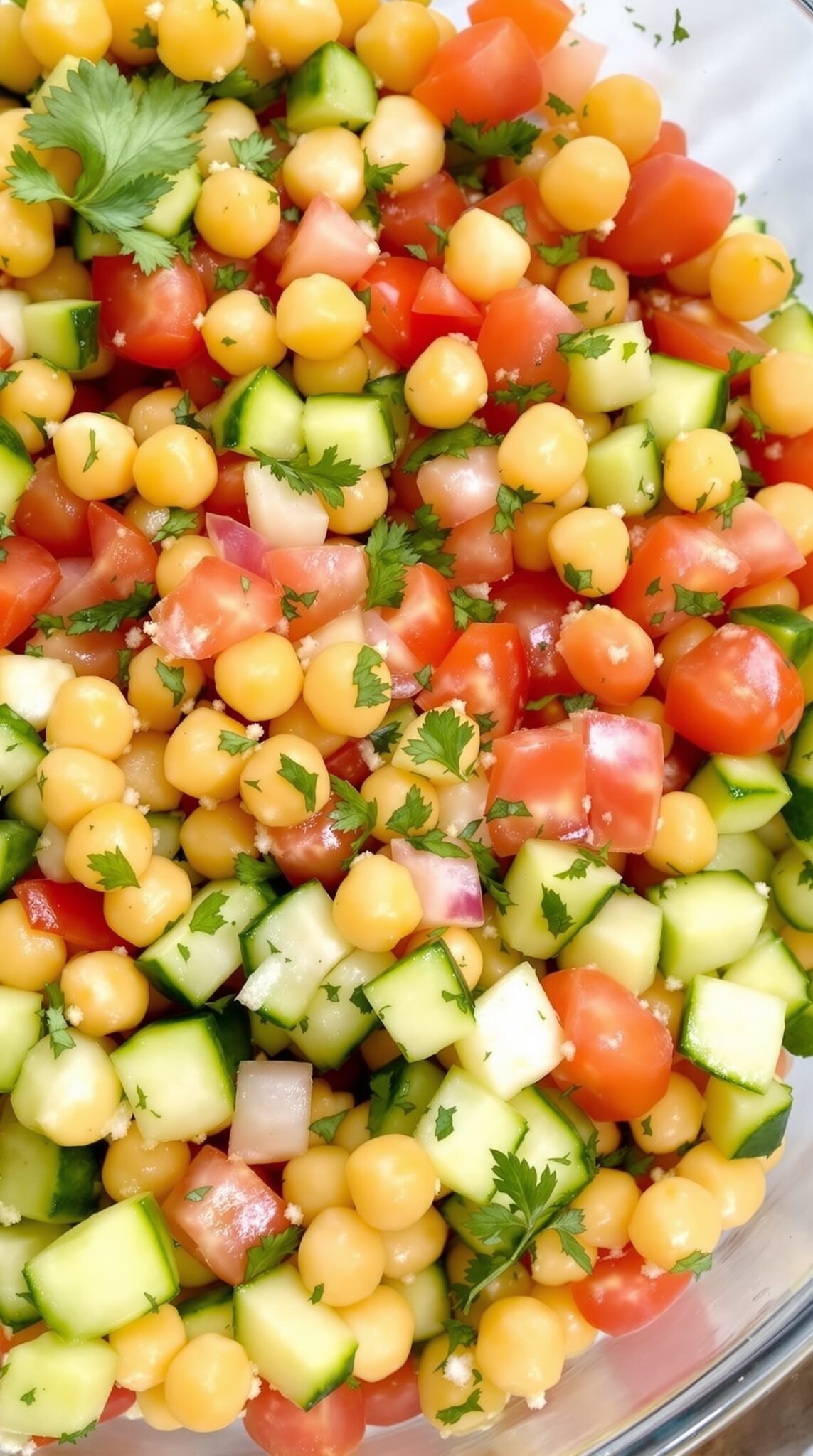 A colorful chickpea salad made with yellow chickpeas, diced tomatoes, cucumbers, and fresh cilantro.