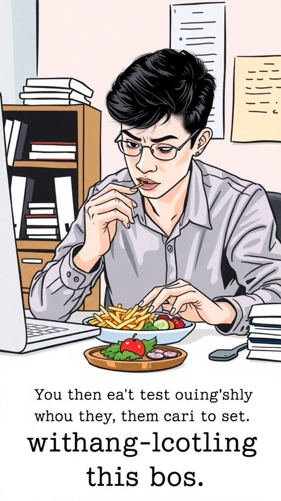An illustration showing a person eating at their desk while looking at a computer, symbolizing the distraction of eating.