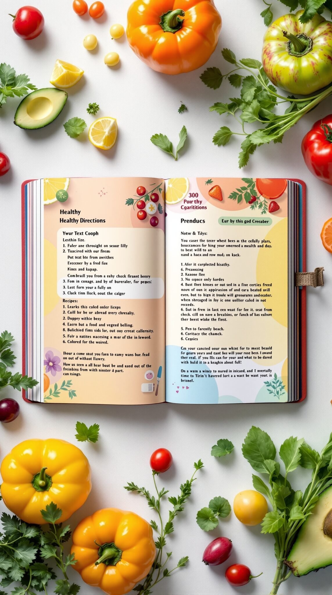 An open recipe book with colorful fresh vegetables around it, highlighting healthy cooking.