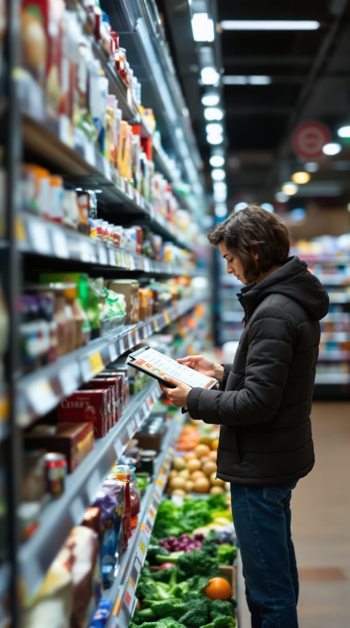 A person thoughtfully reading food labels in a grocery store aisle.