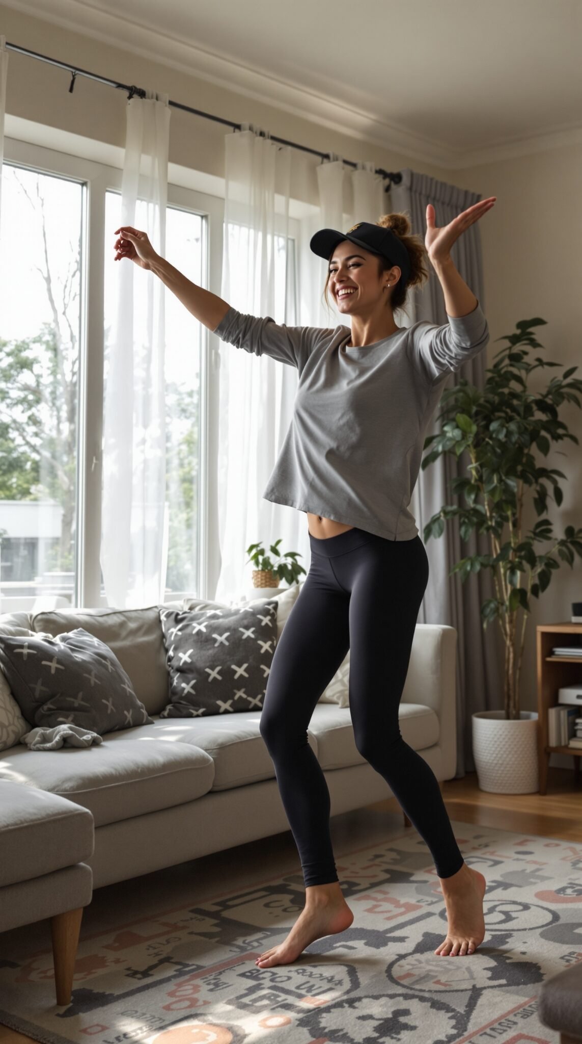 A woman dancing joyfully in a living room, illustrating the concept of finding joy in movement.