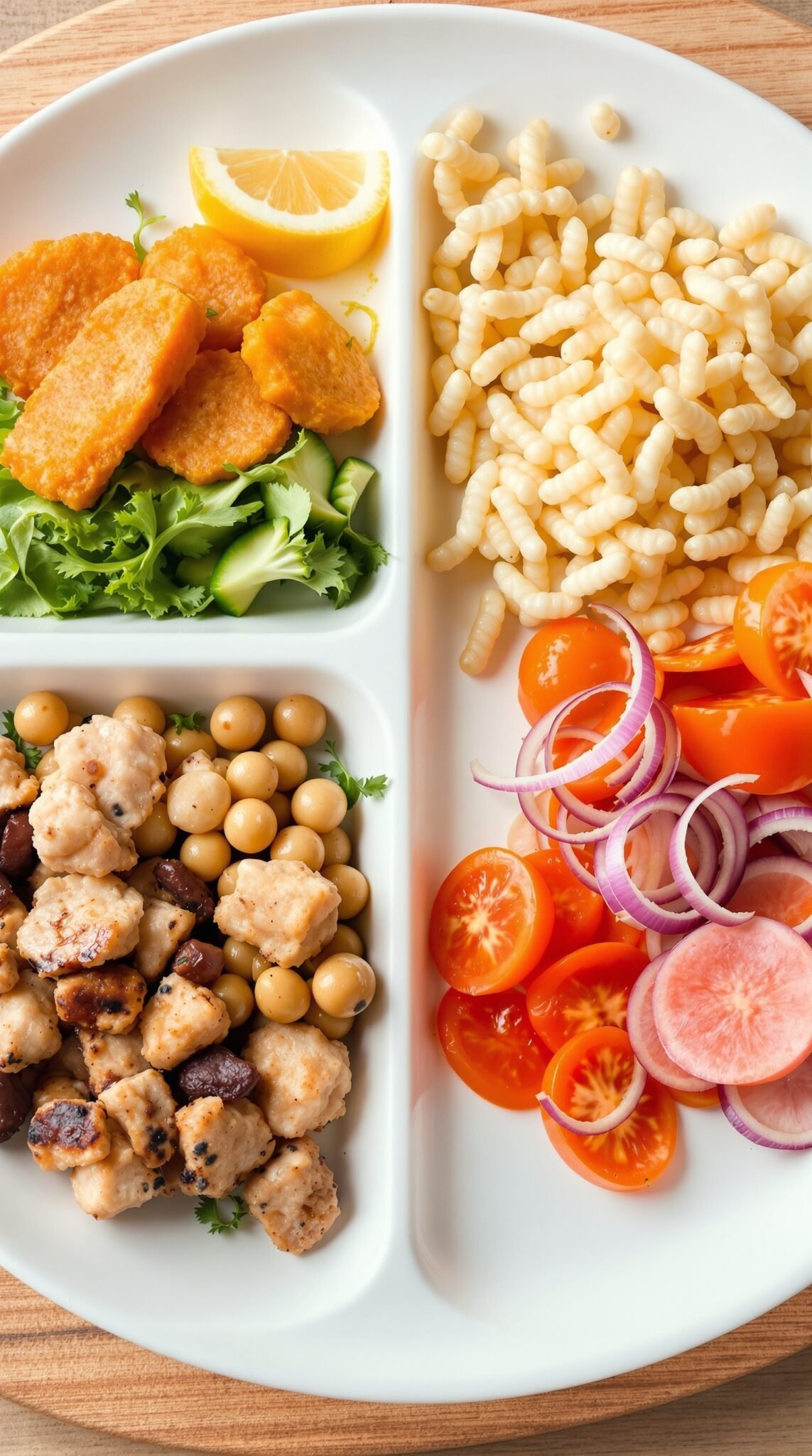 A divided plate with a balanced meal showcasing nuggets, vegetables, and pasta.