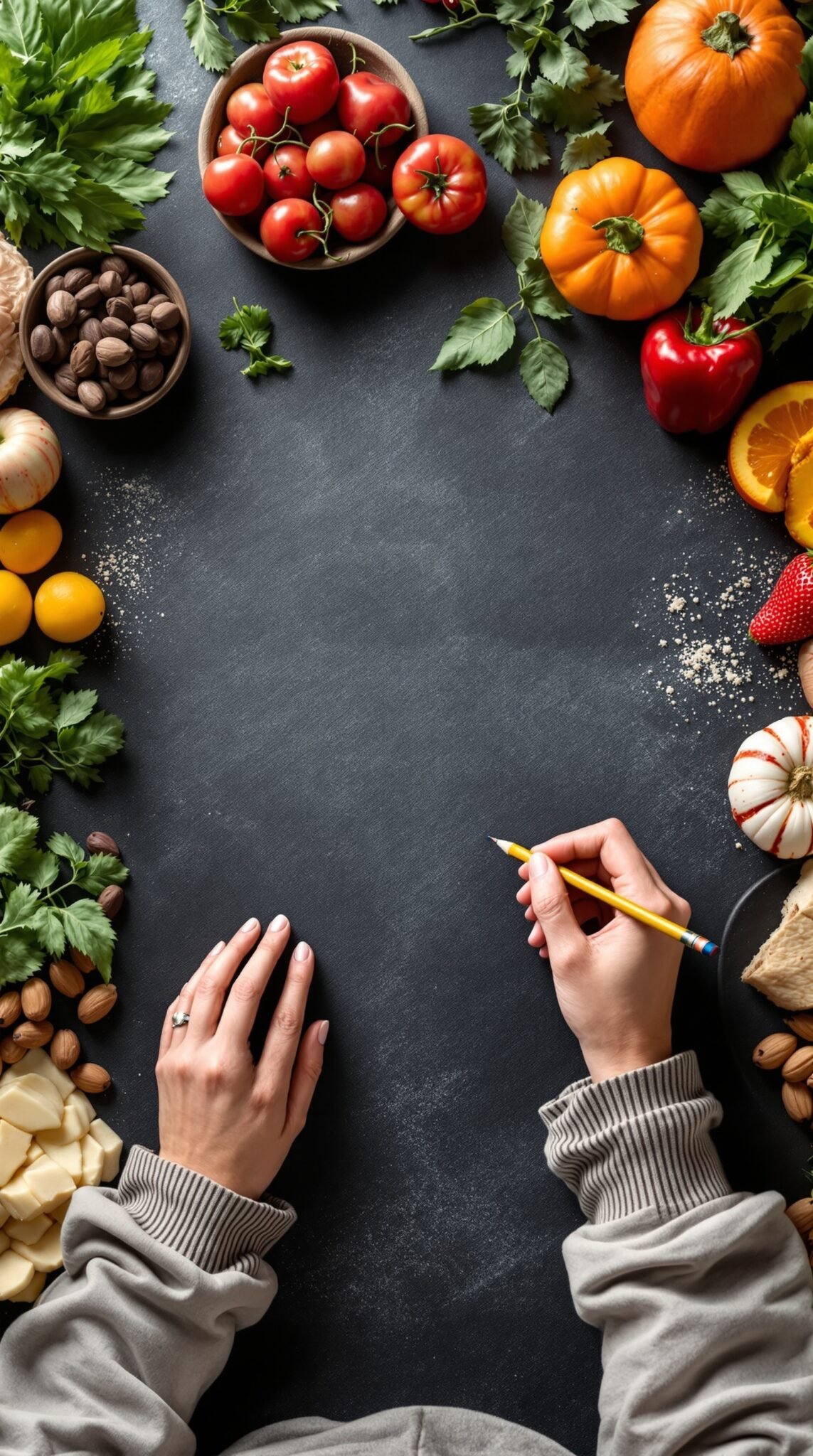 A hand writing in a food diary surrounded by fresh fruits and vegetables
