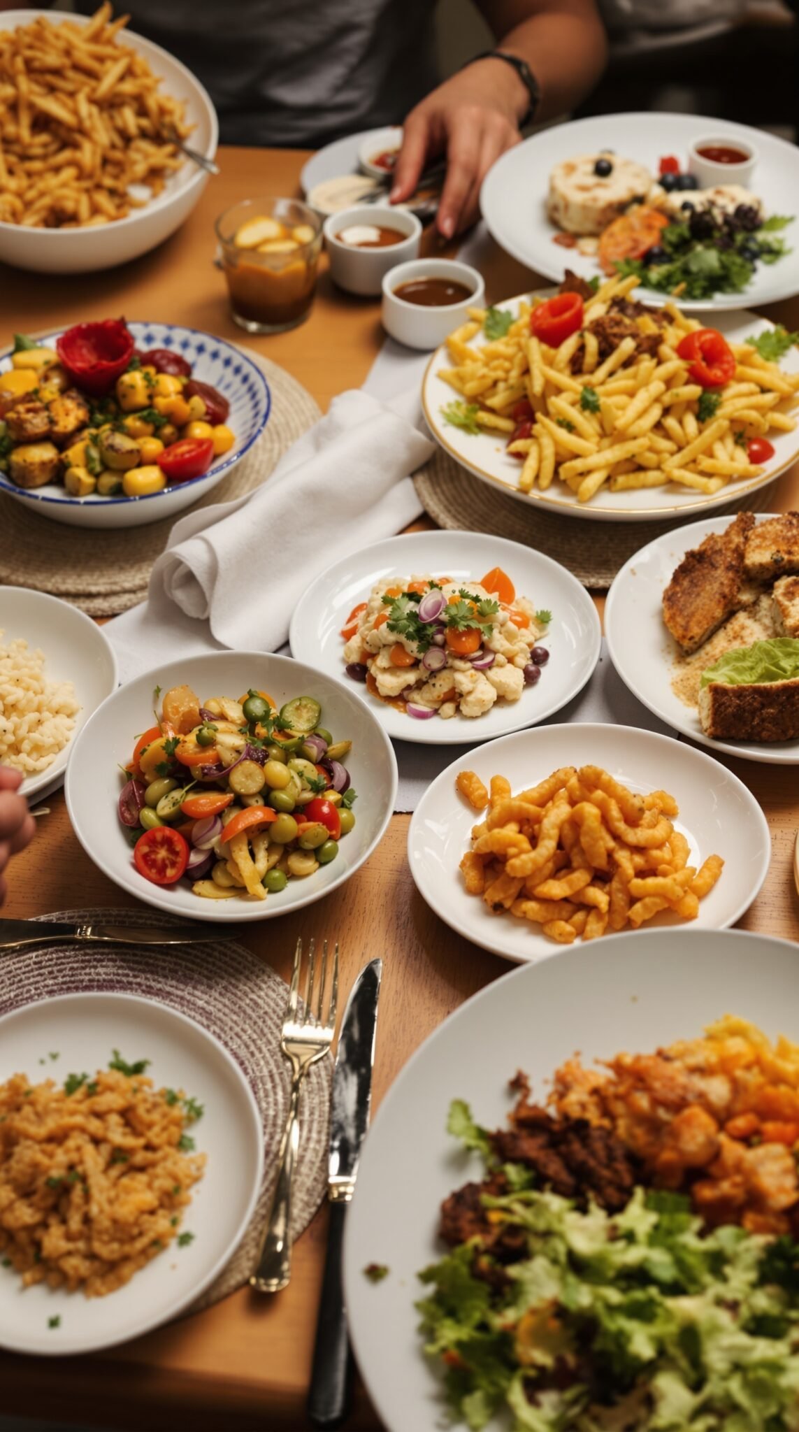 An array of dishes on a table, showcasing various foods such as fries, salads, and other entrees.