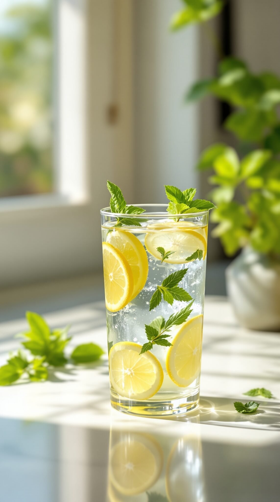 A refreshing glass of lemon and mint infused water on a sunny table