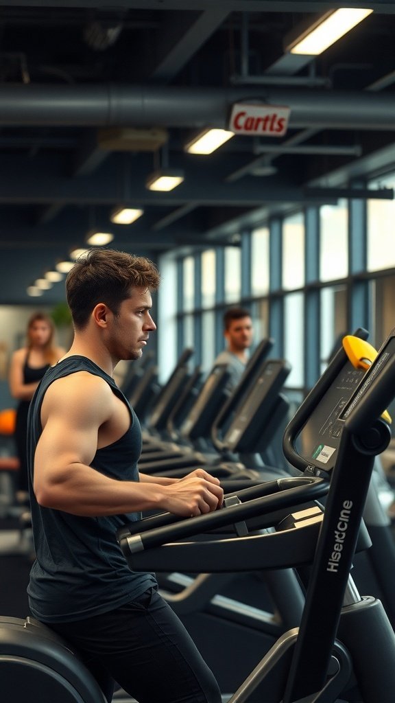 A man exercising on an elliptical machine in a gym, with a focused expression.