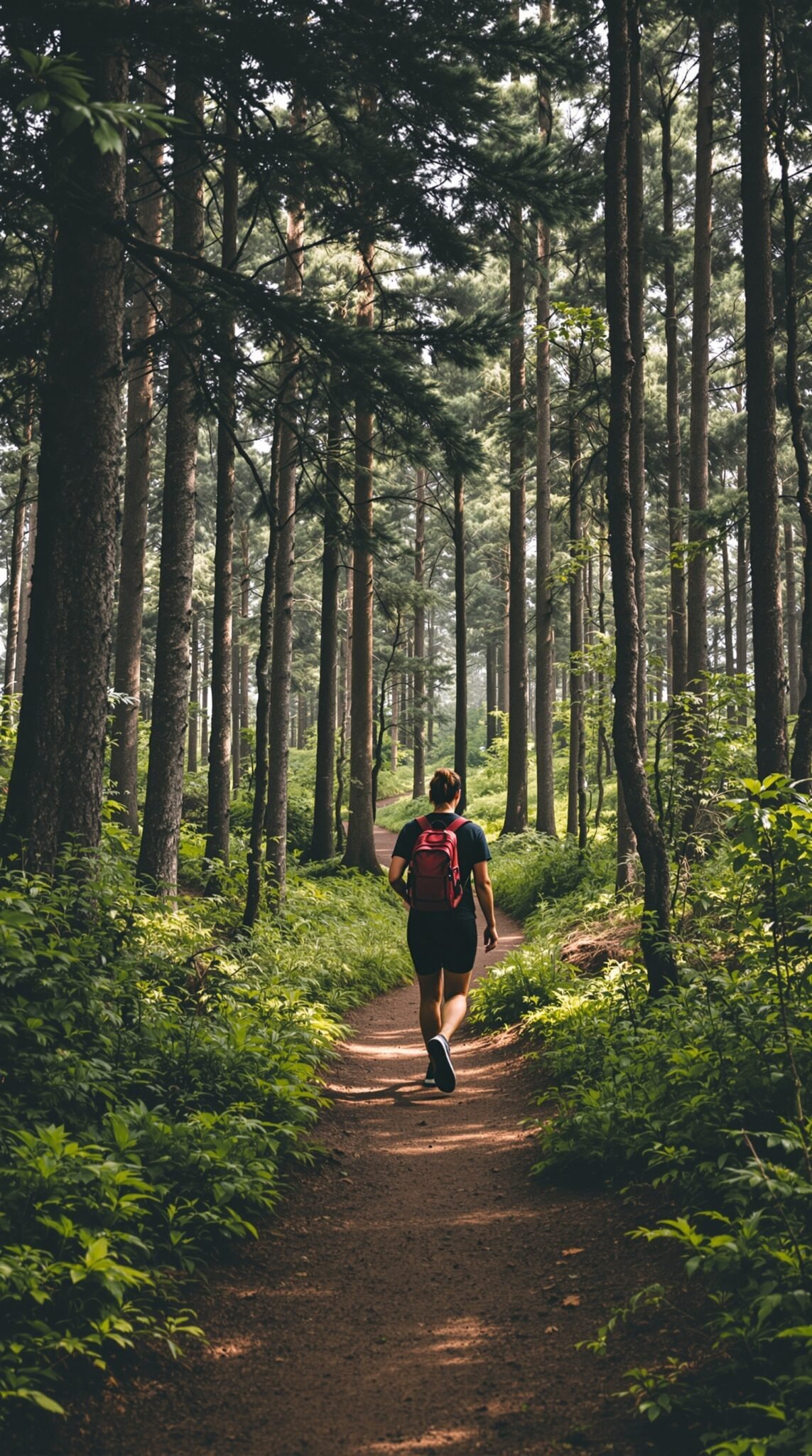 A person walking on a forest path surrounded by tall trees and greenery.