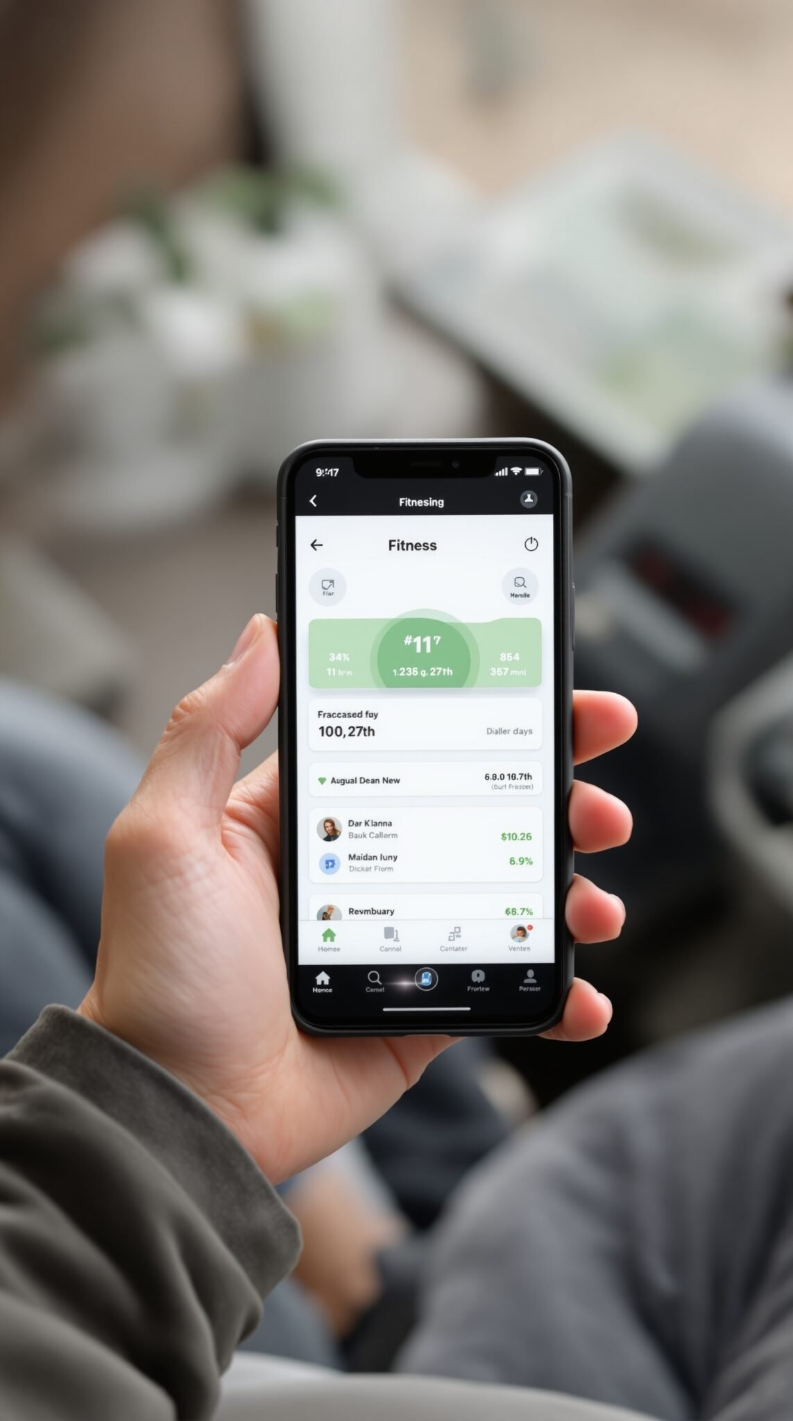 A person holding a smartphone displaying a fitness app interface, indicating workout progress and community engagement.