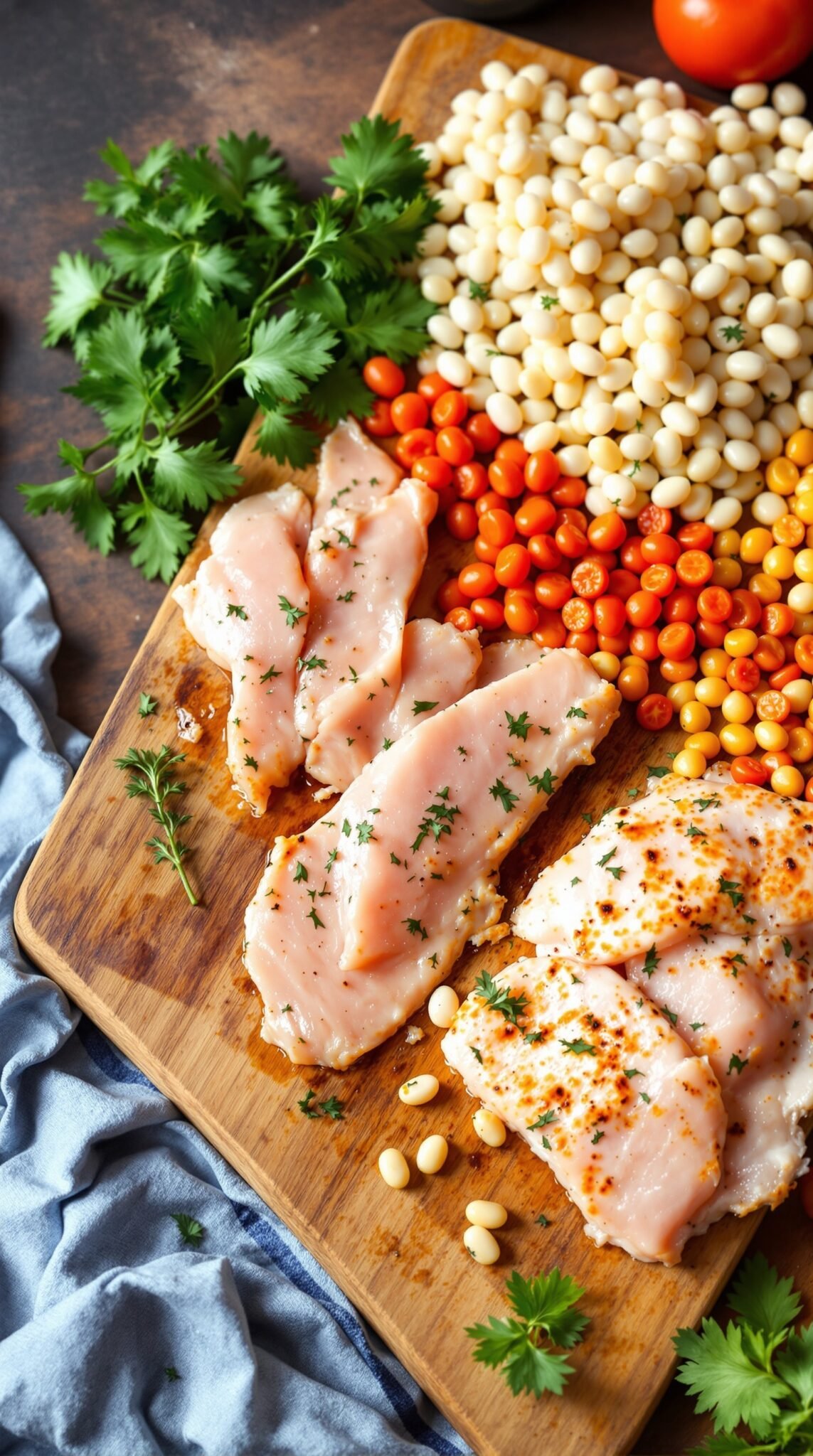Lean proteins and fresh vegetables displayed on a wooden cutting board.