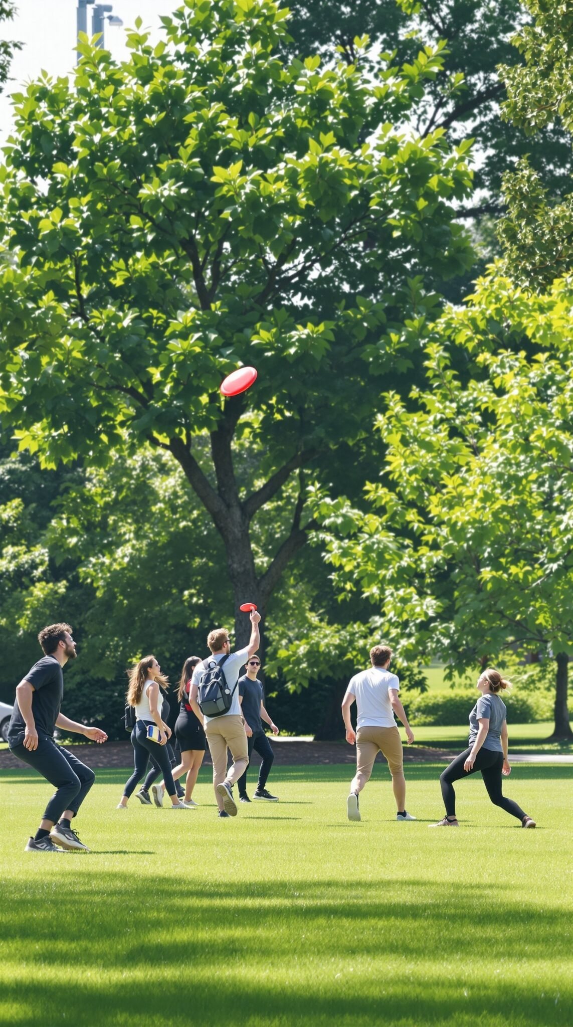 Group of friends playing frisbee in a sunny park