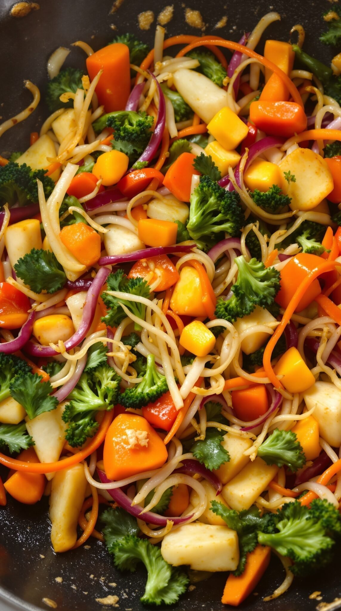 A colorful stir-fried vegetable mix featuring broccoli, carrots, and bell peppers