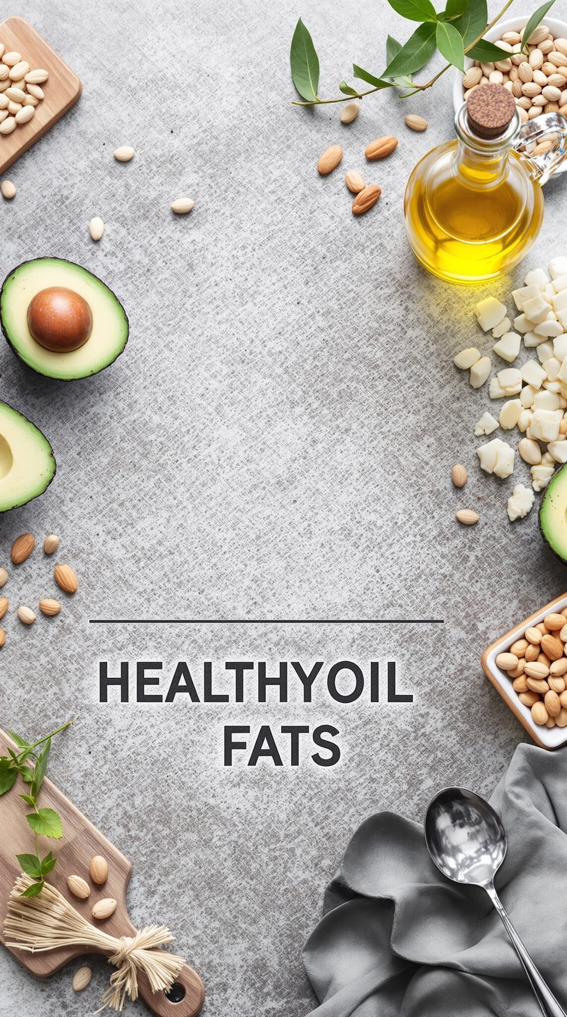 A colorful arrangement of healthy fats including avocados, nuts, and olive oil on a gray background.
