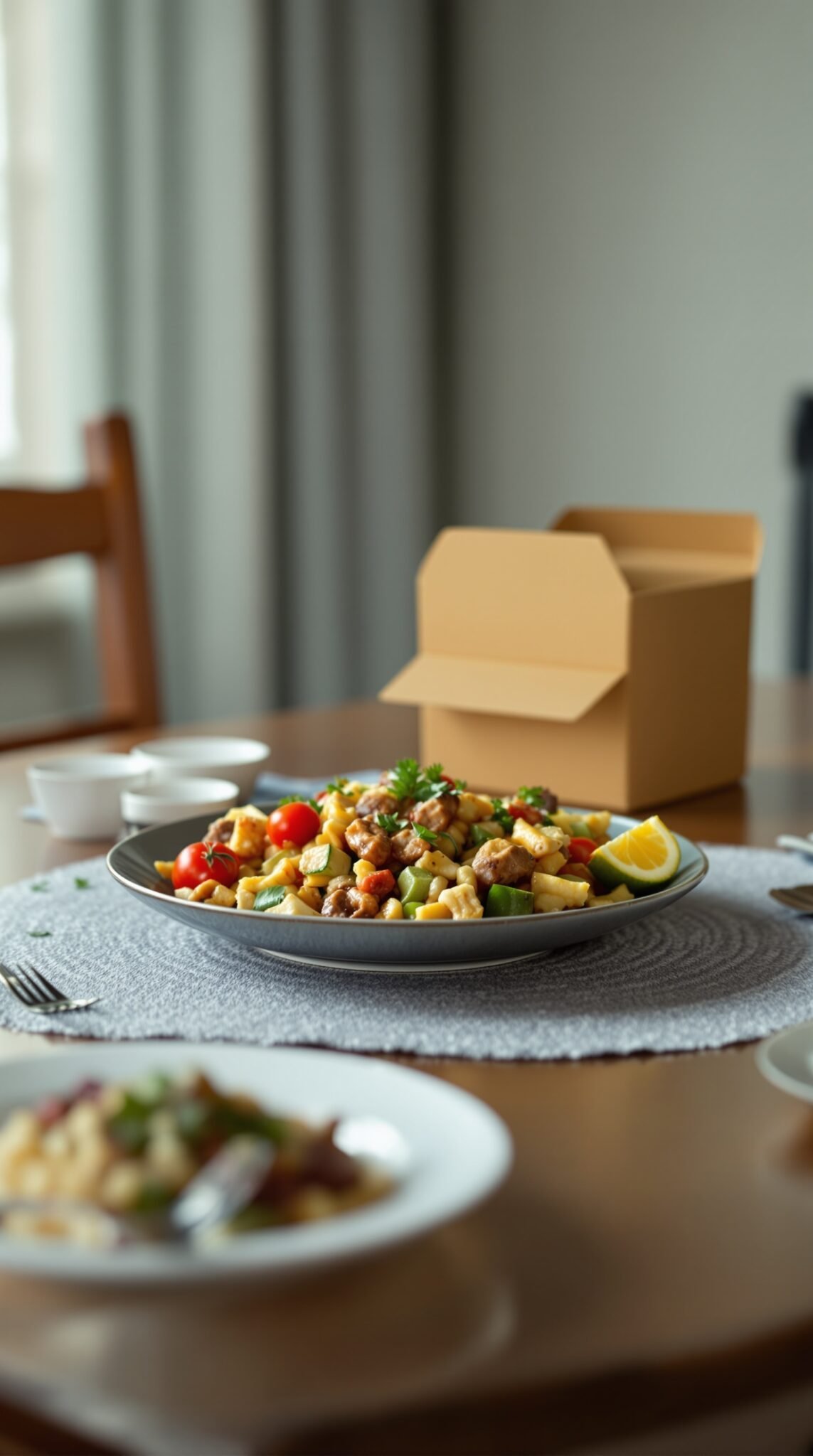 A vibrant plate of home-cooked pasta and vegetables beside a takeout box on a dining table.