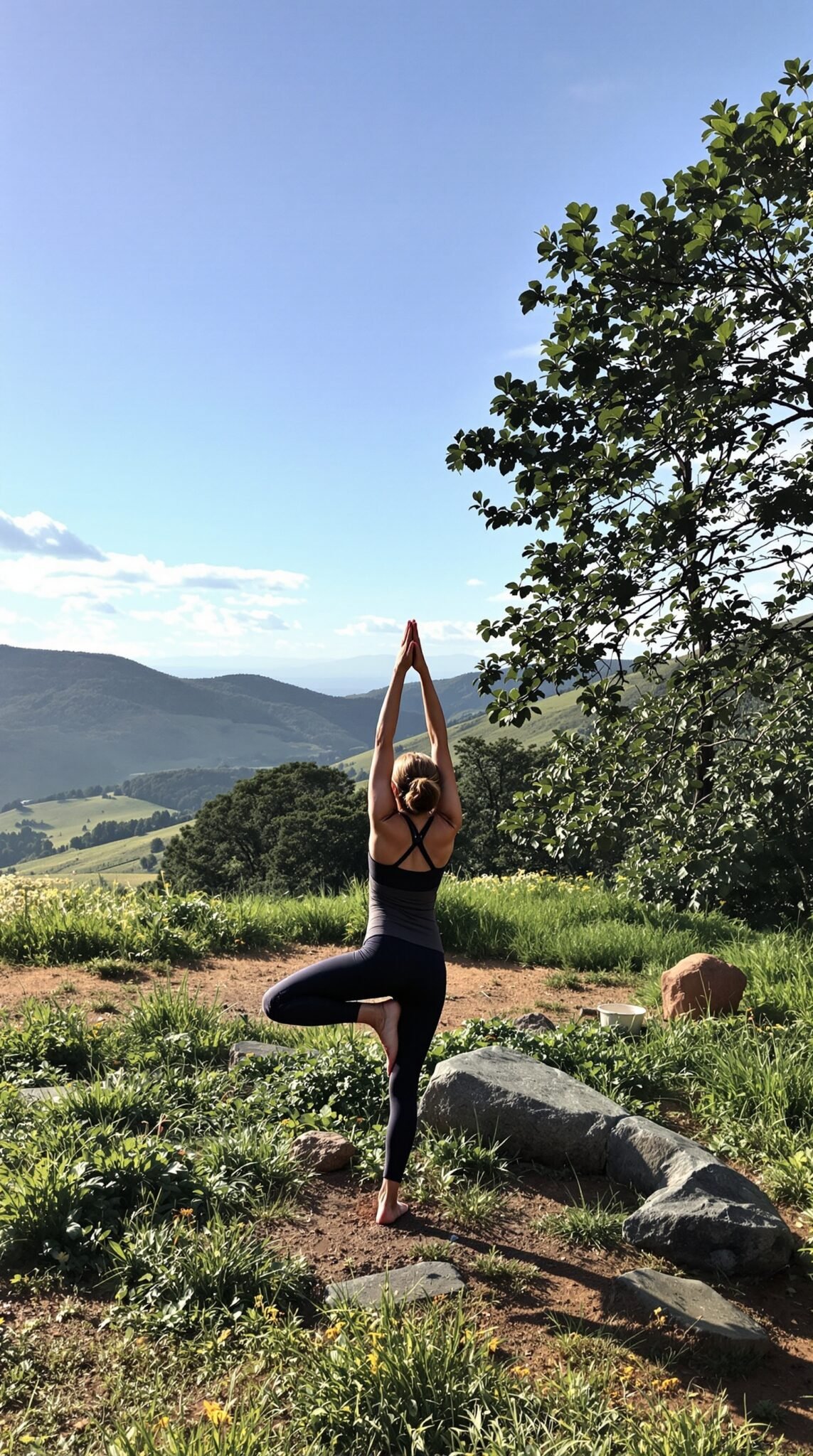 A person practicing yoga outdoors with mountains and trees in the background.