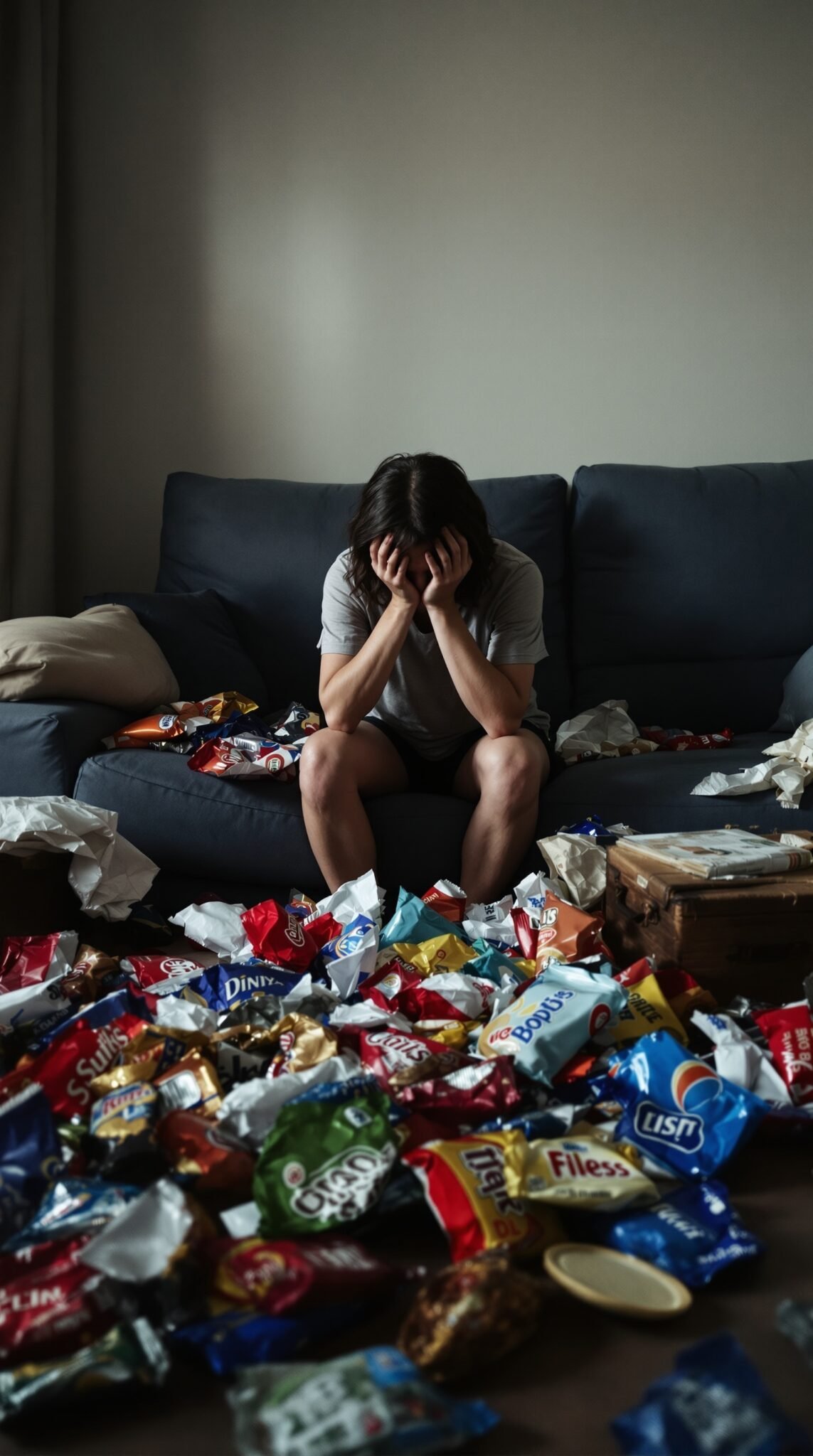 A person sitting on a couch surrounded by snack wrappers, looking stressed and overwhelmed, illustrating the struggle with emotional eating.