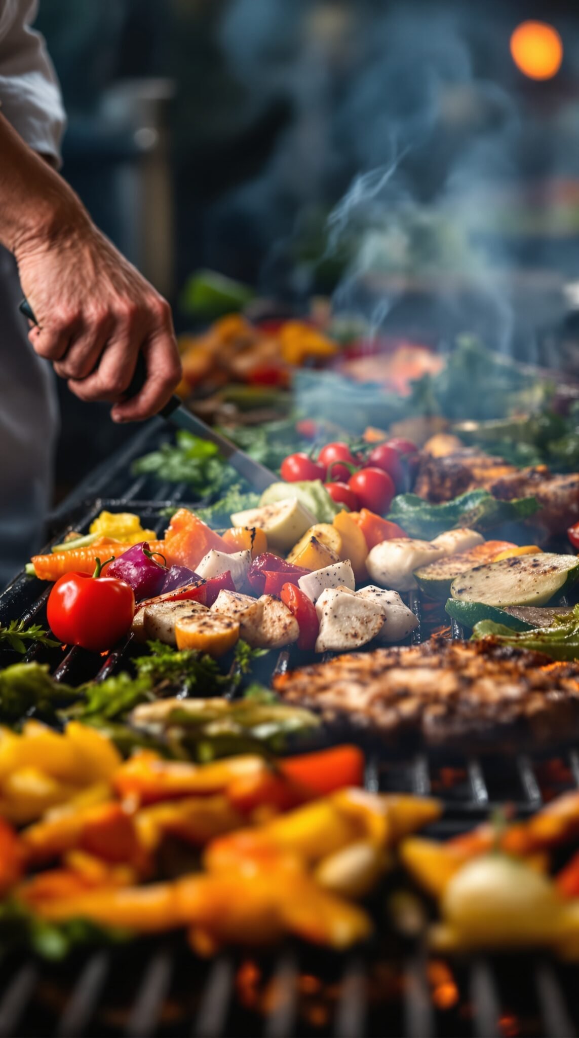 A hand grilling colorful vegetables and chicken on a barbecue, creating a flavorful, healthy meal.
