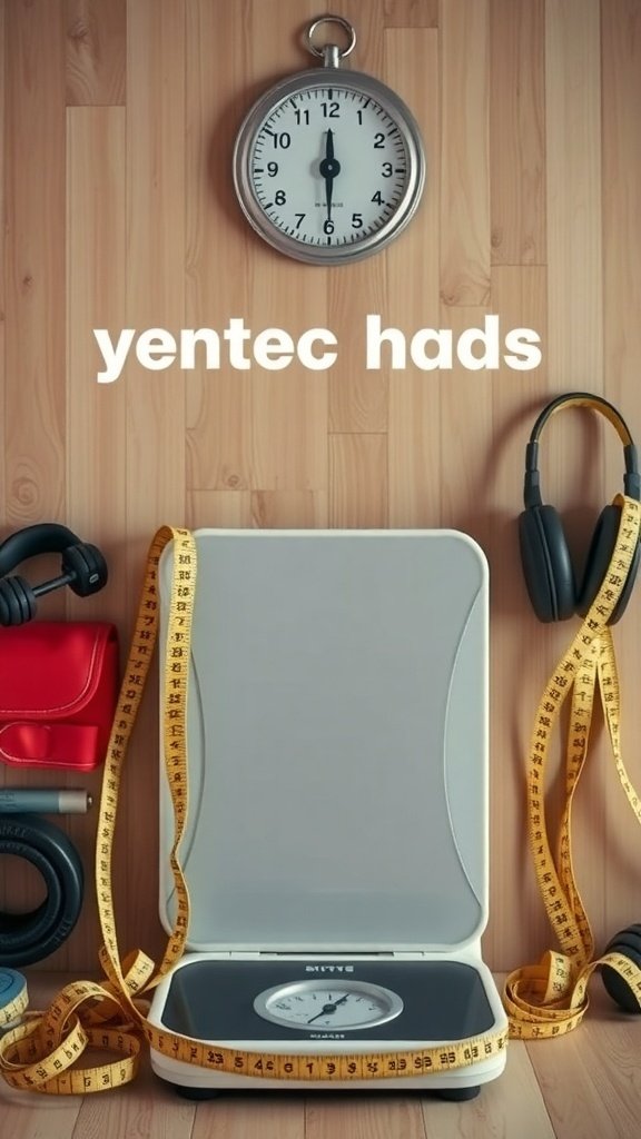 A scale surrounded by measuring tape and fitness items, symbolizing the mistake of focusing solely on weight.