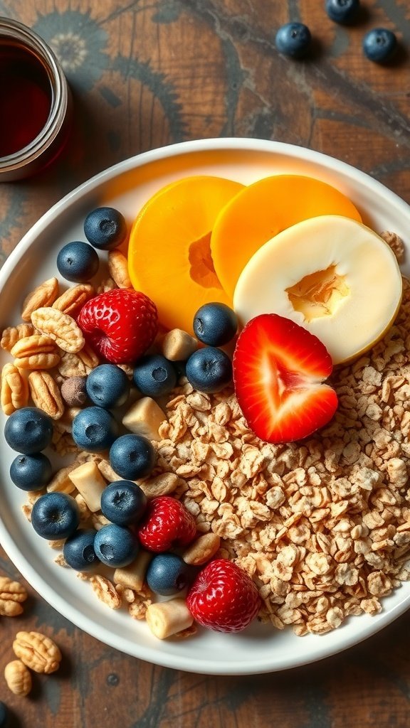 A colorful and nutritious breakfast bowl with oats, fruits, and nuts.
