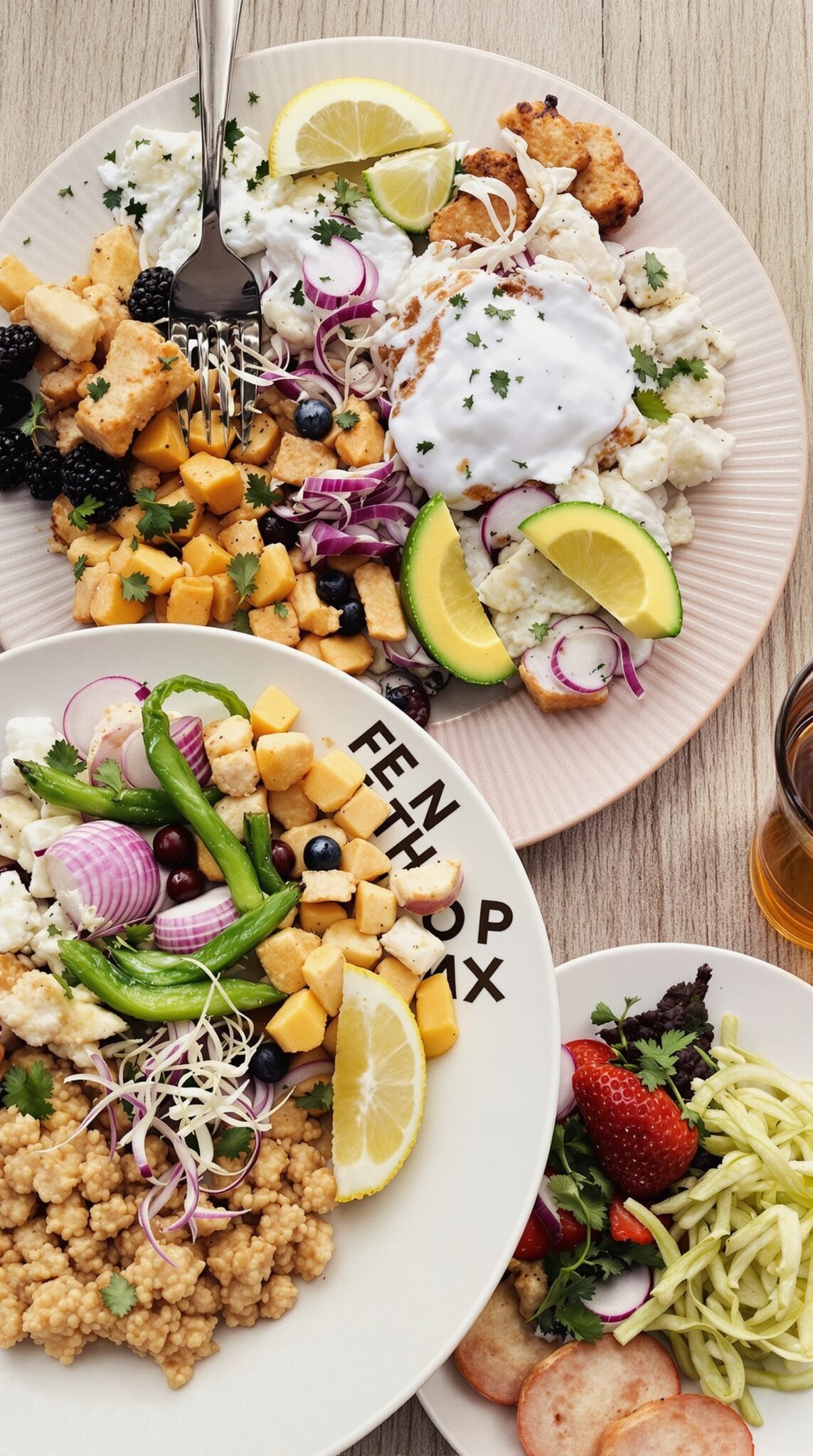 Plates with various healthy foods highlighting portion sizes.