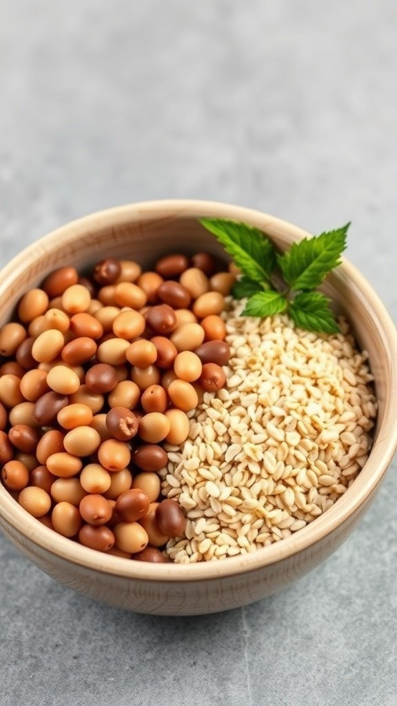 A bowl of colorful beans and sesame seeds representing high fiber food options.