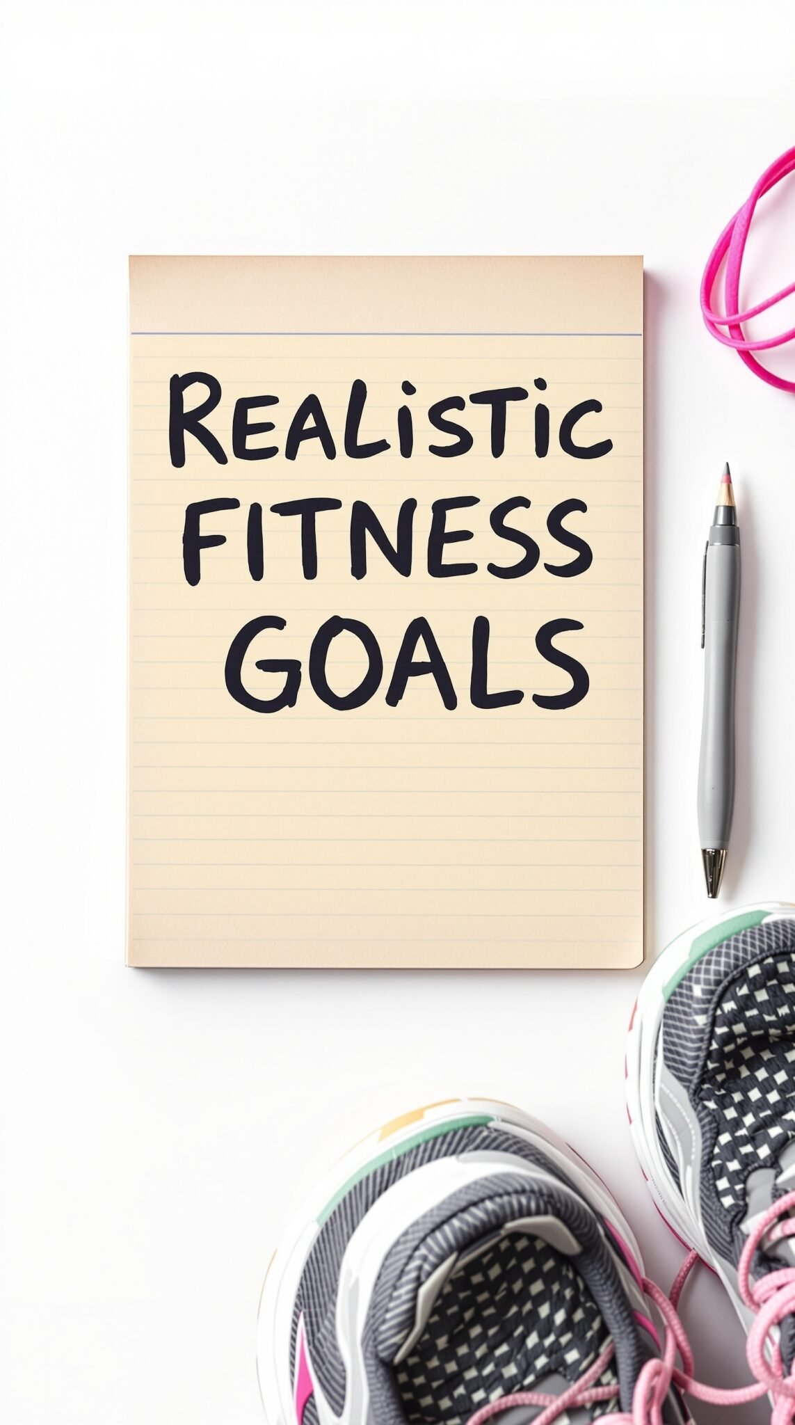 A notepad with the words 'Realistic Fitness Goals' written on it, alongside a pair of running shoes and a pen.