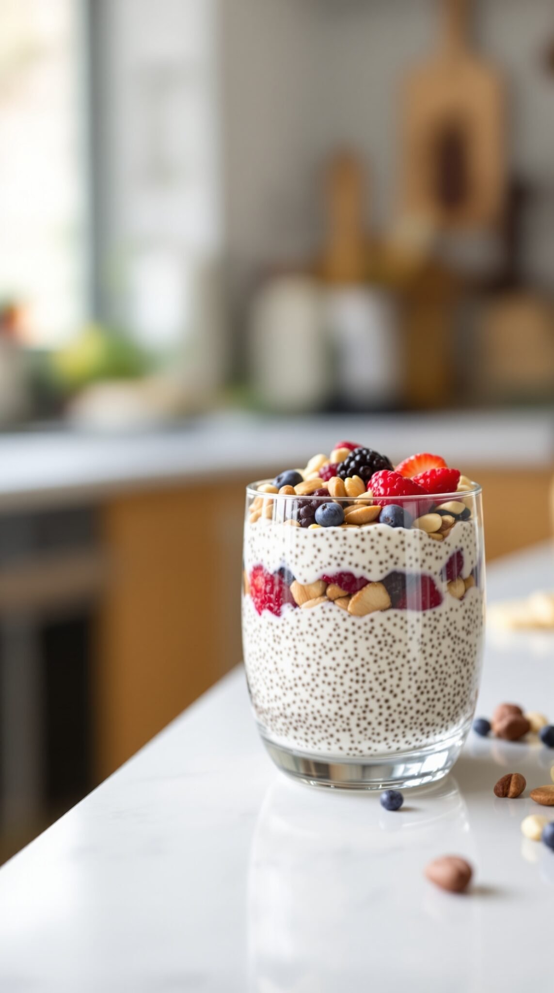 A glass of chia seed pudding layered with berries and nuts, all set on a kitchen counter.