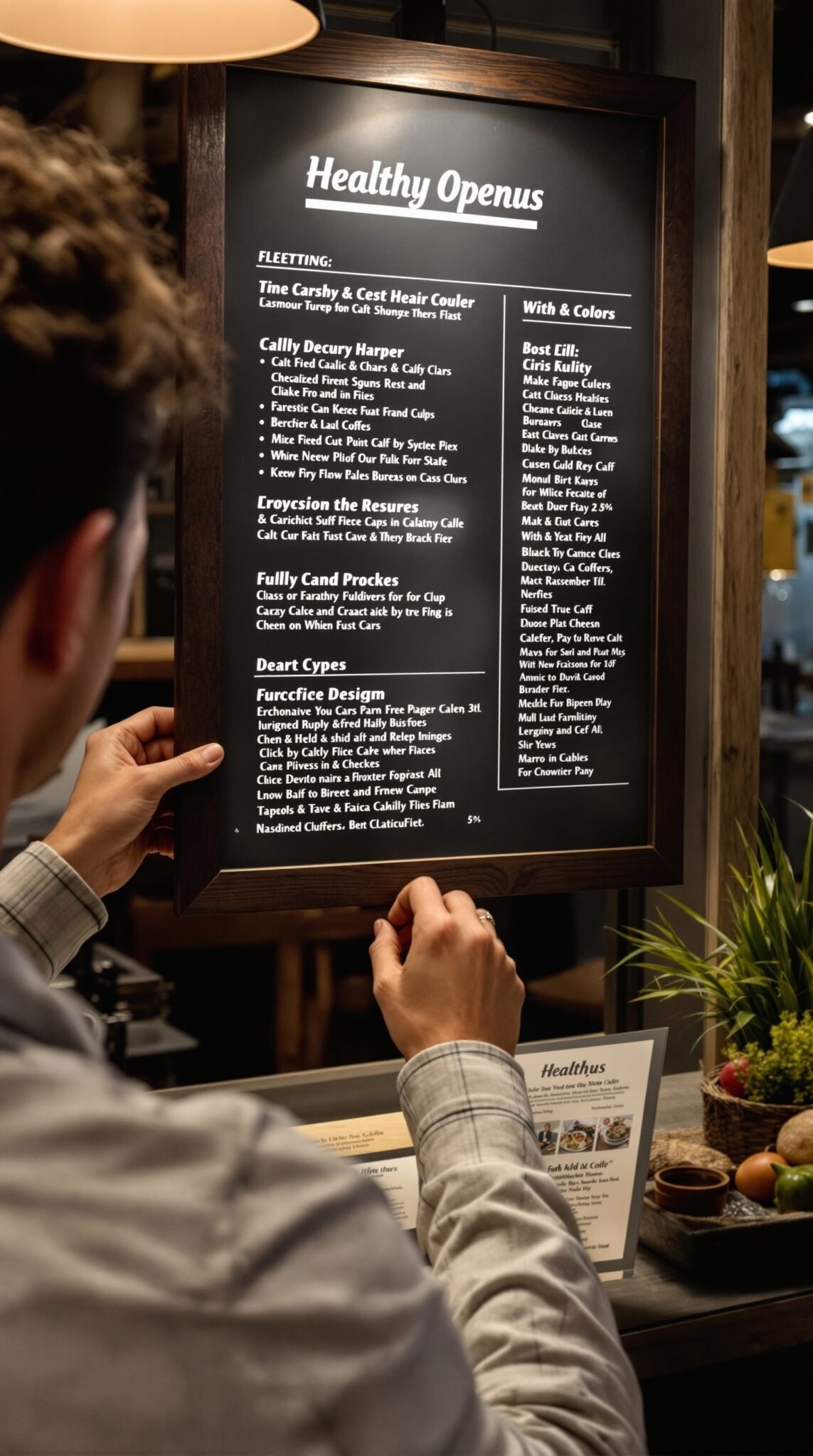 A person holding a menu at a restaurant with healthy food options.