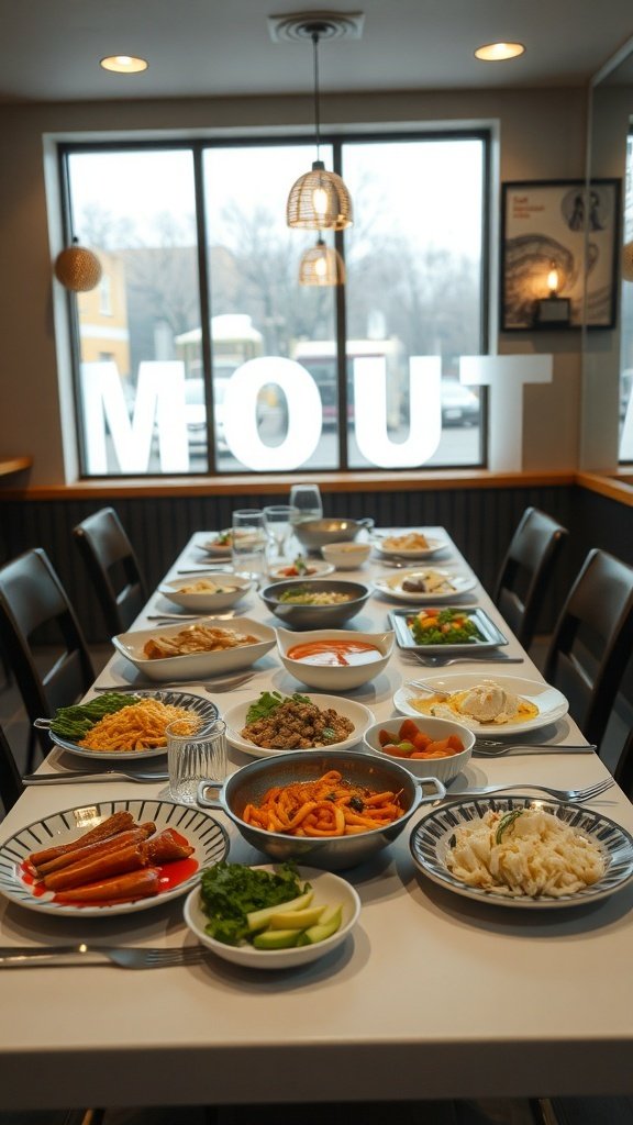 A table set with various colorful dishes, showcasing food commonly found in restaurants.
