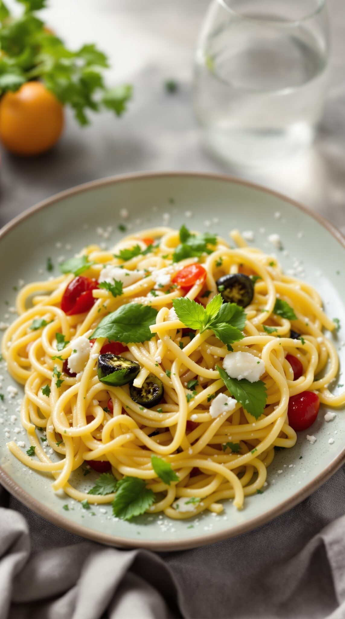 A plate of spaghetti with cherry tomatoes, black olives, and fresh herbs on a light green plate.